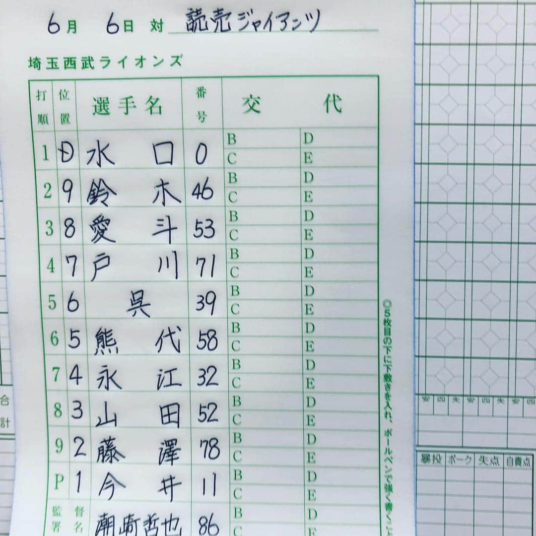 藤原虹気のインスタグラム：「今日の試合は開始直前に雨天中止となりましたが、予定されていたラインナップ！ 守備位置凄っ！！ こんなん始めて書いた！！ #公式打順表 #ジャイアンツ球場 #雨天中止#守備位置#綺麗#並んどる」