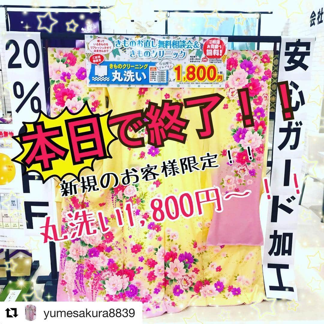 夢さくらのインスタグラム：「こんにちは、夢さくらです🌸 今日は桑名店の投稿から📝 . 着物ドクター👨‍⚕️👘をお招きしてのお手入れ相談会は本日が最終日❗️ 「そう言えば、しばらく洗いに出してないわね😞🌀」 なんてお着物や帯、長襦袢がありましたら… ご遠慮なくお持ち込みください✅ . #Repost @yumesakura8839 with @get_repost ・・・ ✨新規のお客様限定✨ 着物の丸洗い1,800円(税別)〜キャンペーン‼️本日最終日‼️ この金、土とやって参りましたが、来ていただいたお客様はやはり「普段よりかなり安くて嬉しい！」という方や「こんなに安くて大丈夫なの？」という方もいらっしゃいました。 安くて、大丈夫なんです‼️ こんなお安い時だからこそ、オススメしたいのが、雨でも安心ガード加工❗️水弾き体験キットをご用意してますので、ぜひ見てびっくりしてください 笑  ご来店いただく際は、お電話にてお問い合わせください😆↓ ☎️0594-25-8839 皆さまのご利用スタッフ一同お待ちしております♪ #夢さくら #三重 #桑名 #マイカル桑名 #着物 #クリーニング #激安 #企画 #黒留袖 #色留袖 #訪問着 #小紋 #色無地 #長襦袢 #袋帯 #名古屋帯 #皆さん #ぜひ #ご利用 #ください」