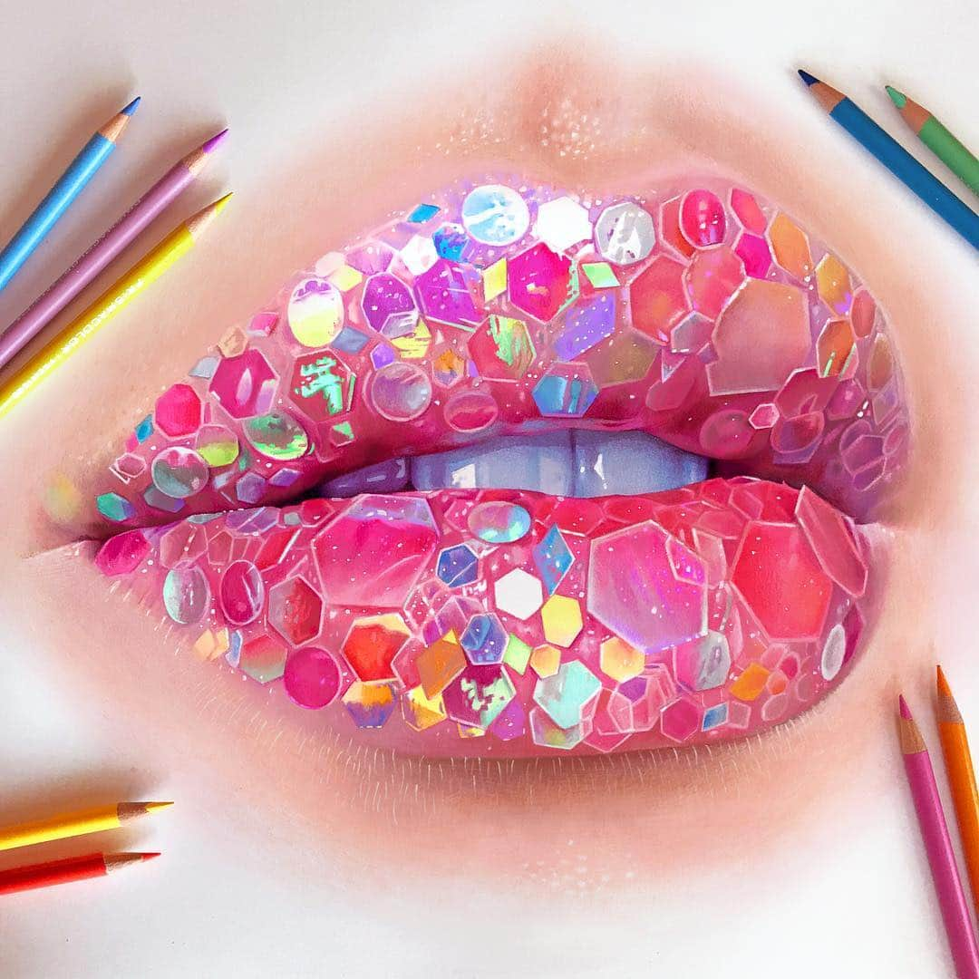 Morgan Davidsonのインスタグラム：「Fun colored pencil lip study to warm up for a new original drawing!」