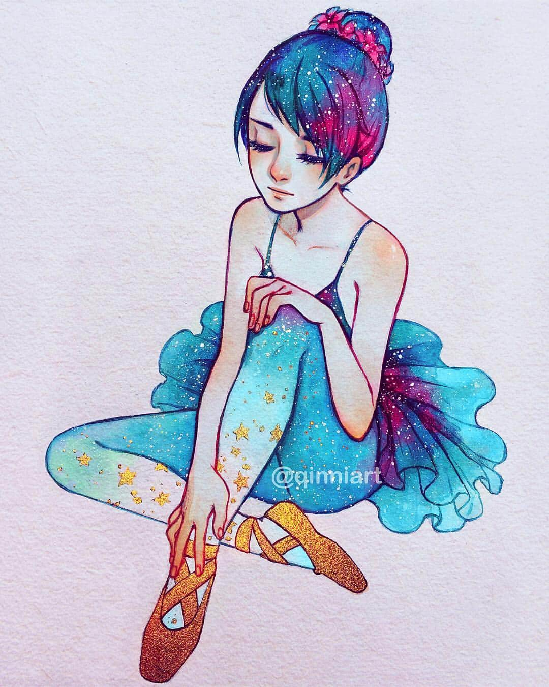 Qing Hanのインスタグラム：「"Stardust Ballerina" • A little #fbf #throwback I kinda miss using my gold ink~~ • #illustration #ballet #watercolor」