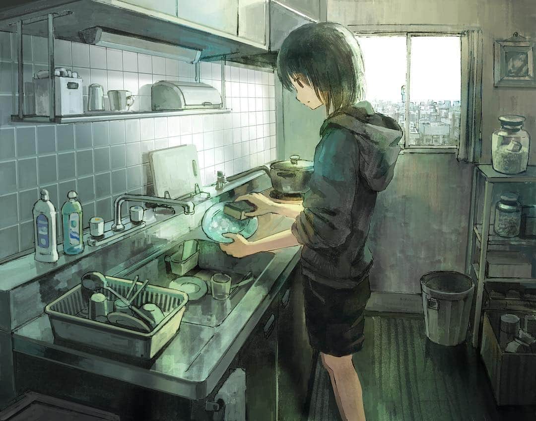 Akimasa Tokunagaのインスタグラム：「皿洗い🍽dishwashing  #art #illustration #kitchen」