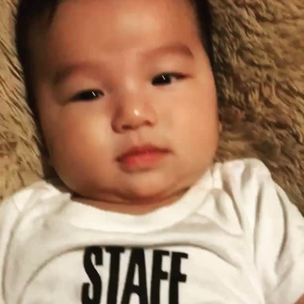 藤倉幸子のインスタグラム：「なんて可愛いんだろう😌 兄弟でお揃いのSTAFFロンパース‼︎ 昊はＴシャツだよ😊  merrygoround.famの物で兄弟お揃い出来るからオススメ✨✨ #merrygoround.fam」