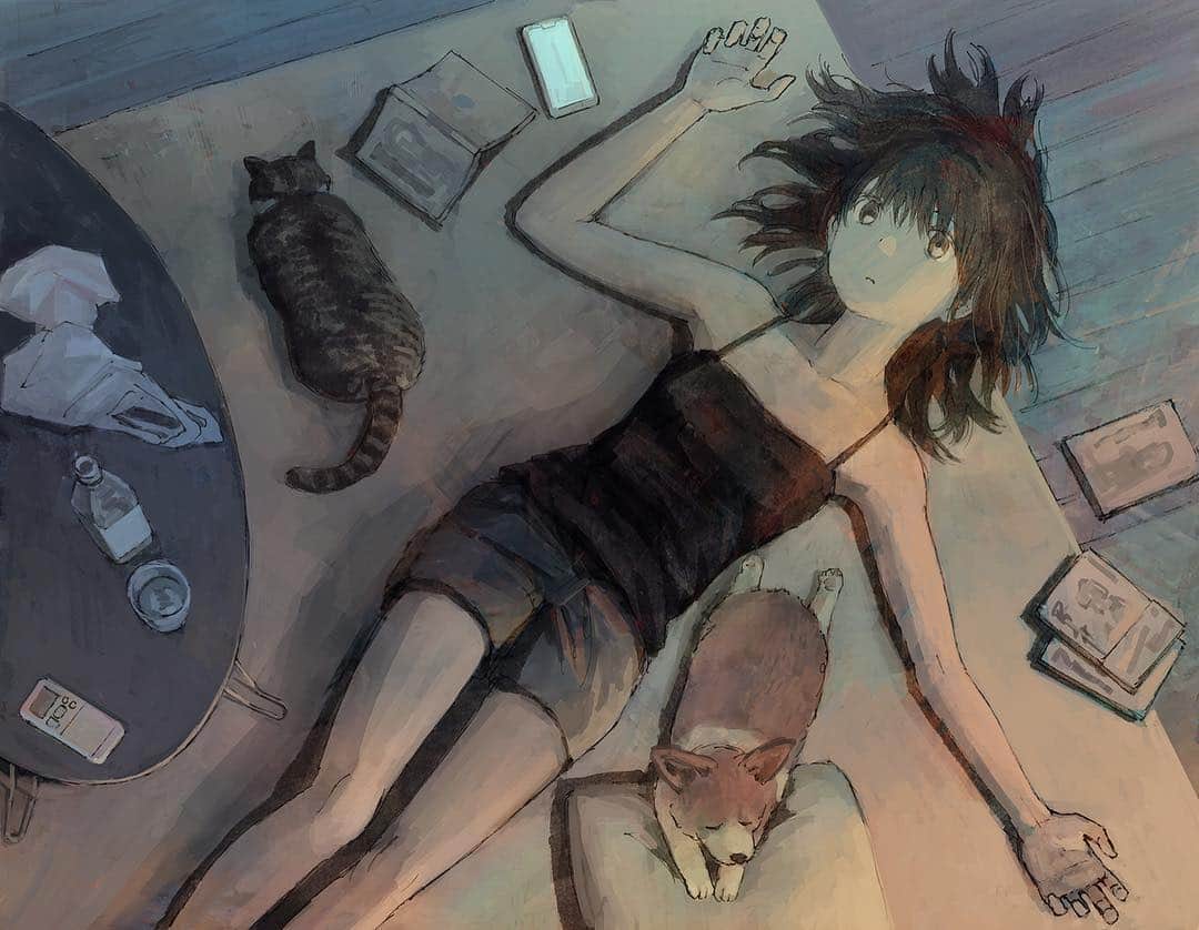 Akimasa Tokunagaのインスタグラム：「目覚め🌃waking  #art #illustration #cat #corgi」