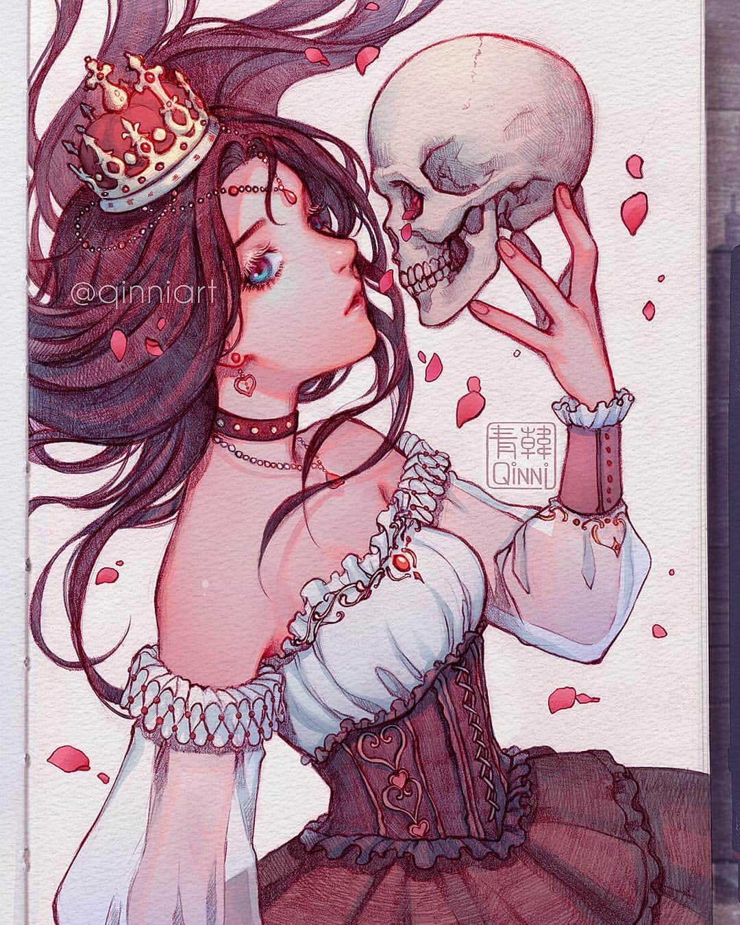 Qing Hanのインスタグラム：「👑♥️Queen of Hearts ♥️👑 • • • Thanks for coming to the stream for this guys~~ I pretty much did almost all the colours on stream, I think? Now I just need a good webcam so I can stream the pencilling part too, one day... I dunno why I keep posting on days I gotta go to rehab lol...I'm so tired argh. Saaaave meeeee I don't wanna goooooo 😂😭😭....also to the doctor's appointment afterwards....u_u;; • • • #art #illustration #aliceinwonderland #queen #skull」