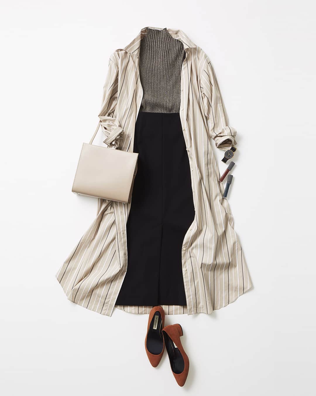 ルミネ公式のインスタグラム：「ベージュロングシャツは秋まで着回し #ワンピース ￥11,000+TAX #ニット ￥9,000+TAX #スカート ￥16,000+TAX #時計 ￥6,800+TAX #バッグ ￥38,000+TAX #パンプス ￥28,000+TAX #リップバター 各 ￥3,800+TAX ・ [ #LUMINEMAGAZINE ] #lumine #ルミネ #ユナイテッドアローズグリーンレーベルリラクシング #エミ #ルージュヴィフラクレ #スミス #ガリャルダガランテ #シンゾーン #shiro #ootd #outfit #fashion #coordinate #コーディネート #ファッション #デイリーコーデ #コーデ #フォロー #川上さやか http://magazine.lumine.ne.jp/?p=77200 ※商品の価格や取り扱い状況は撮影時点のもので、変更になることがあります。」