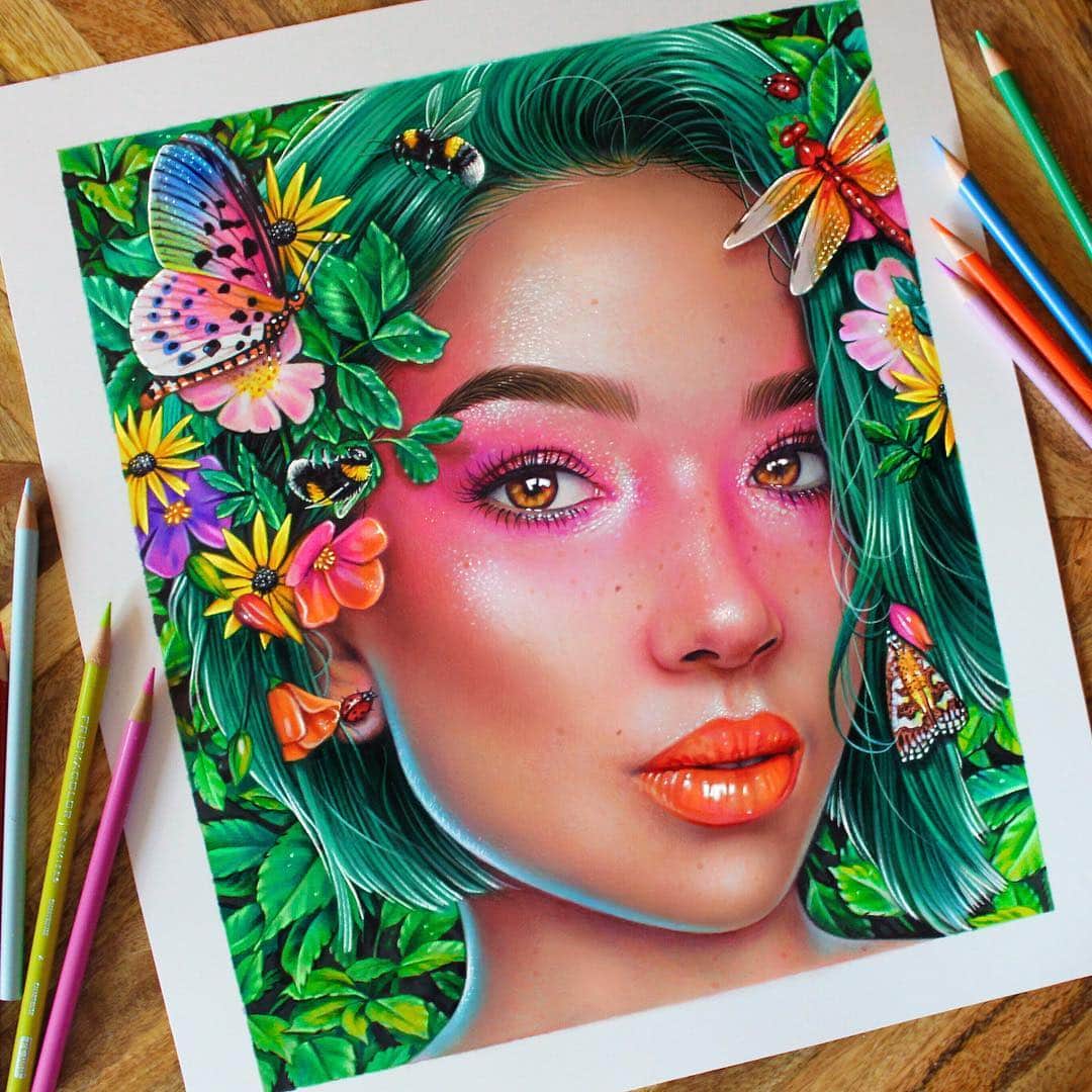 Morgan Davidsonのインスタグラム：「Colored pencil on a marker base! I used Prismacolor premier brush tip markers and soft core pencils on strathmore Bristol smooth paper. Thank you all so much for your love and positivity with the video tips I’ve been posting! You all are the most amazing group of artists and art lovers, I’m beyond grateful to be a part of your community! 🙏🏼💕」