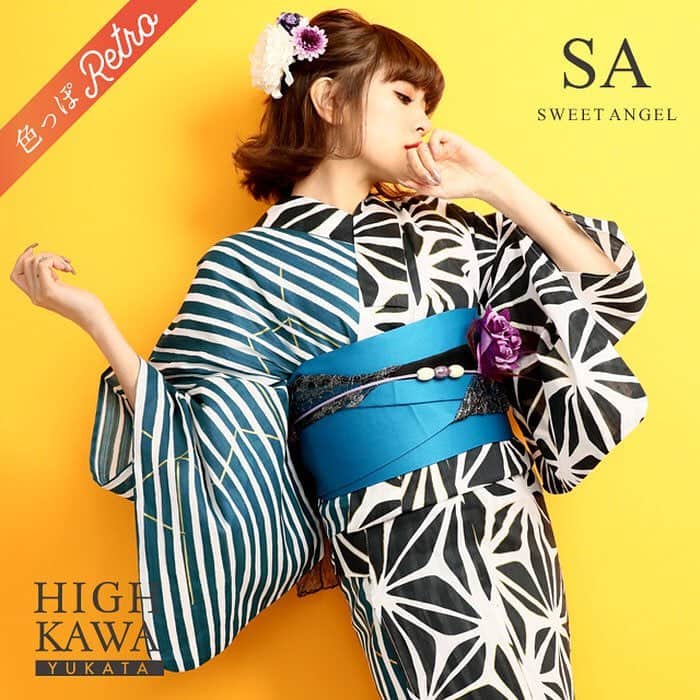 SweetAngelのインスタグラム：「今年一番の人気柄★ まだ少し在庫ございます✨ SALE開催中です👘 #浴衣 #sweetangel #sa#sale #浴衣セット#個性派#派手 #リンクコーデ#藤田杏奈 #浴衣女子#花火大会#夏#お祭り #浴衣デート」