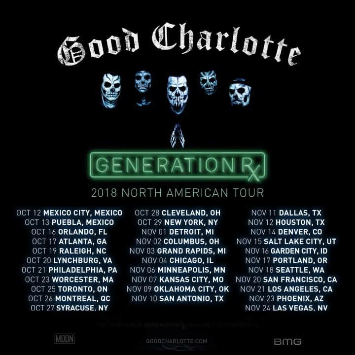 The Madden Brothersのインスタグラム：「GENERATION Rx TOUR NORTH AMERICA -General Tickets available Friday July 13th at www.goodcharlotte.com -Register by midnight July 9th to get GC FAM™️ Tickets available July 10th at www.goodcharlotte.com -VIP packages available at goodcharlotte.veeps.com DATES 12 Oct Mexico City Open Air ACMX 13 Oct Puebla Tecate Comuna  16 Oct Orlando Hard Rock Live 17 Oct Atlanta Tabernacle 19 Oct Raleigh The Ritz  20 Oct Lynchburg Phase 2 21 Oct Philadelphia The Fillmore 23 Oct Worcester The Palladium 25 Oct Toronto Rebel 26 Oct Montreal MTelus 27 Oct Syracuse SI Hall at the Fairgrounds 28 Oct Cleveland Agora Theatre 29 Oct New York Terminal 5 1 Nov Detroit The Fillmore 2 Nov Columbus Express Live! 3 Nov Grand Rapids Monroe 20 4 Nov Chicago Riviera Theatre 6 Nov Minneapolis Skyway Theatre 7 Nov Kansas City Arvest Bank Theatre at the Midland 9 Nov Oklahoma City Diamond Ballroom 10 Nov San Antonio Aztec Theater 11 Nov Dallas House of Blues 12 Nov Houston House of Blues 14 Nov Denver Ogden Theater 15 Nov Salt Lake City The Complex 16 Nov Garden City Revolution Concert House 17 Nov Portland Roseland Theater 18 Nov Seattle Showbox SODO 20 Nov San Francisco Warfield Theater 21 Nov Los Angeles Hollywood Palladium  23 Nov Phoenix The Van Buren 24 Nov Las Vegas The Pearl at The Palms」