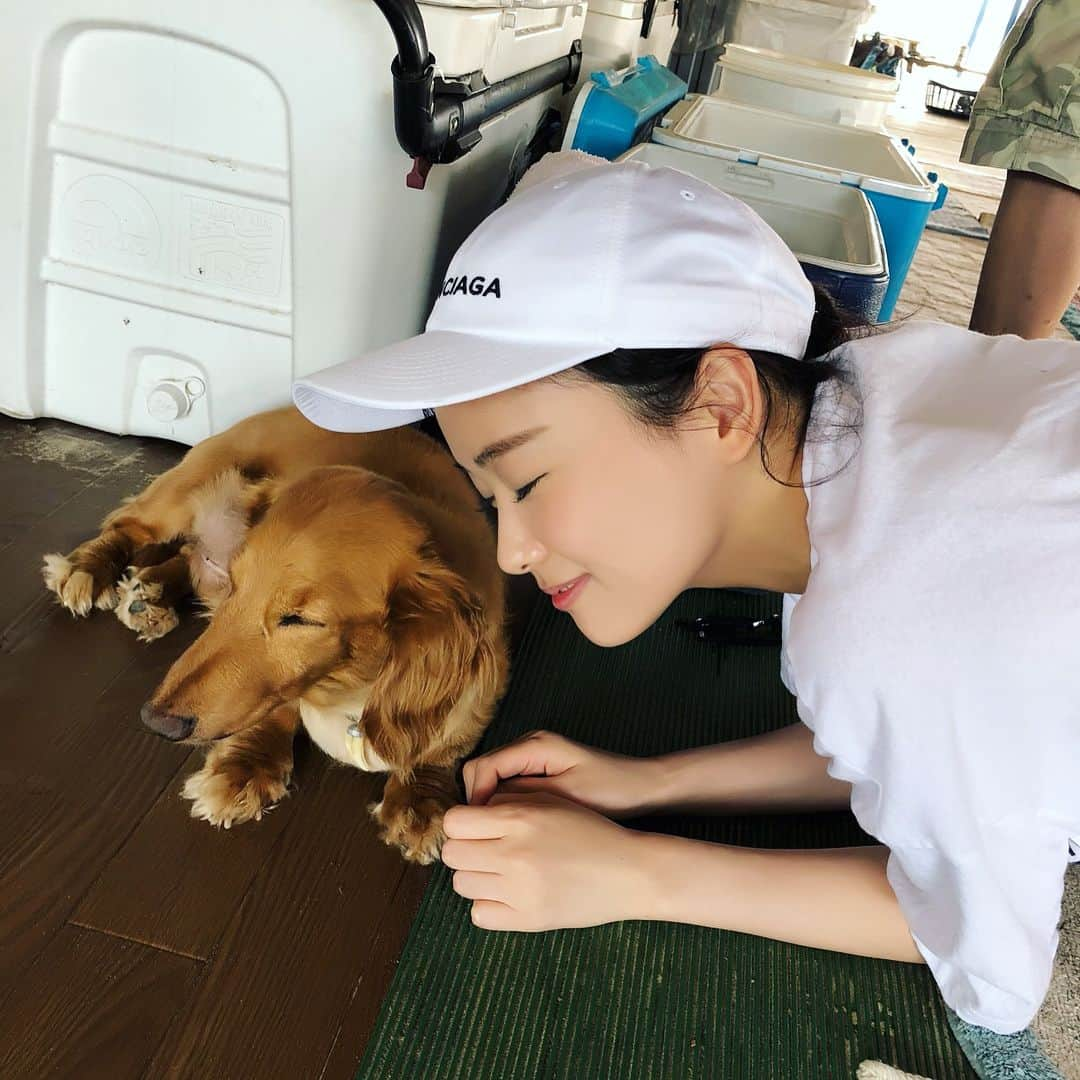 重盛さと美さんのインスタグラム写真 - (重盛さと美Instagram)「ラストショット（笑） 犬にウザがられる。 #志賀島#海の家#看板犬#ナントカちゃん」7月11日 15時18分 - satomi_shigemori