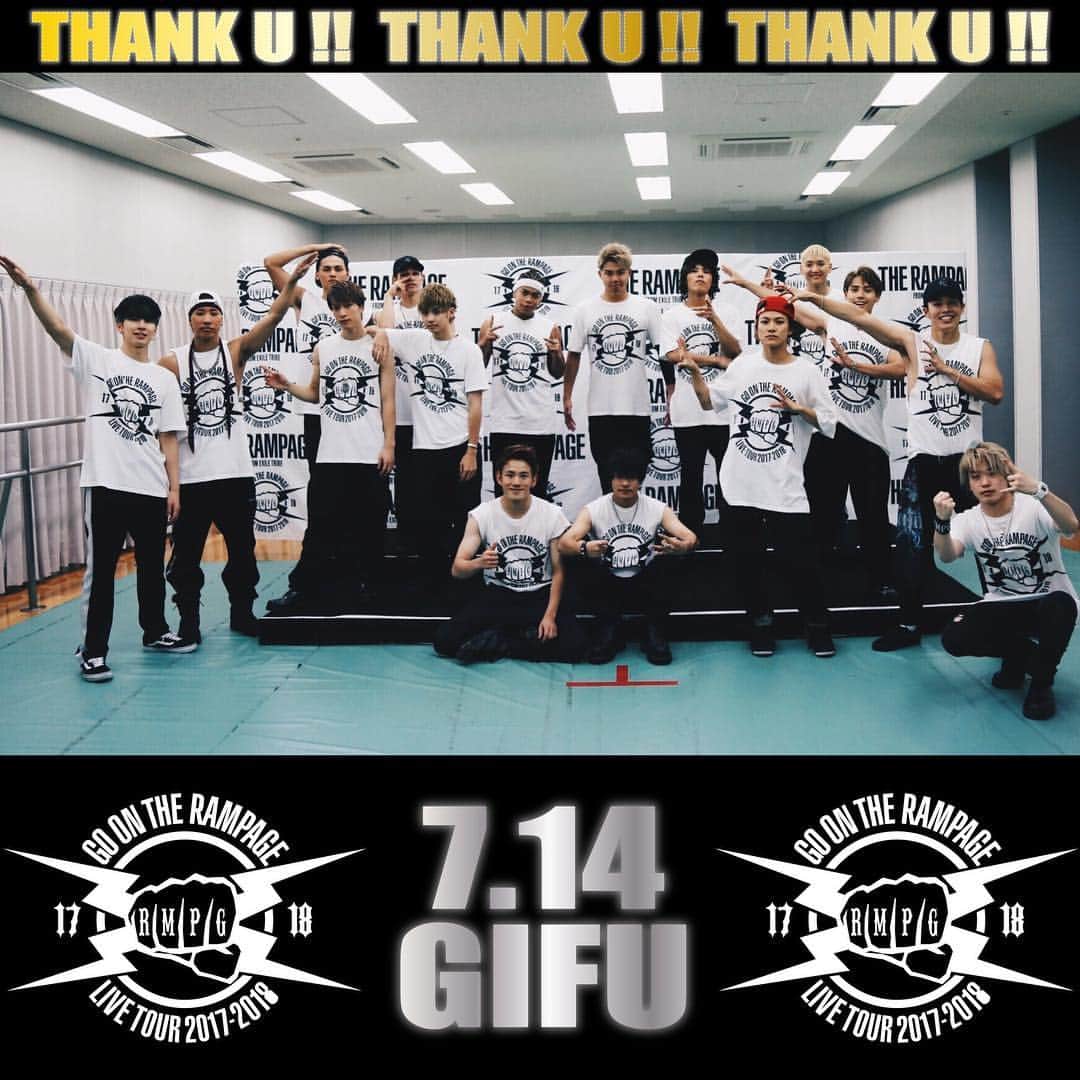 のインスタグラム：「‪『LIVE TOUR 2017-2018 GO ON THE RAMPAGE TOUR』岐阜公演‼️‬ お越し頂きました皆様本当にありがとうございました🙏🏾 そして最高の盛り上がりをありがとうございます🙇 今日は岐阜の会場が日本一熱い場所になったのではないかと思います🔥 そして次の千葉でいよいよ全国47都道府県制覇です🗾⤴️🗾 #THERAMPAGE #GOONTHERAMPAGETOUR #GIFU」