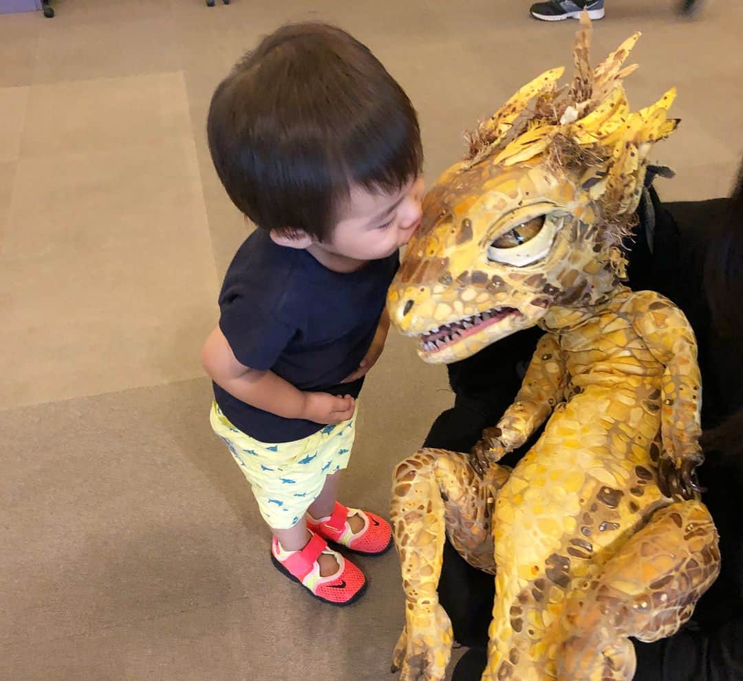 A_kun*mamaさんのインスタグラム写真 - (A_kun*mamaInstagram)「昨日は #恐竜どうぶつ園 に行ってきたよ🦖 🦖🦖@dinosaurzoo_jp ﻿ ﻿ 最近恐竜が大好きになったあーくんは大喜び‼️😂﻿ ﻿ なかなかリアルな感じで迫力あったけど﻿ 泣かずにニコニコ笑って楽しんでいました。 そっかこの子怖いもの何もないんだったわ😂﻿ ﻿ ショーが終わった後にロビーで﻿ 恐竜とふれあいタイムがあるんだけど﻿ 写真の恐竜の赤ちゃんが気に入りすぎてギューしたり 自ら自分の手を噛ませてみたり😂﻿笑 しまいにはキス💋してました←おい 母性本能が強すぎ男子😂💦﻿ やめてー😀 ﻿ ﻿」7月14日 22時19分 - aaaooo121