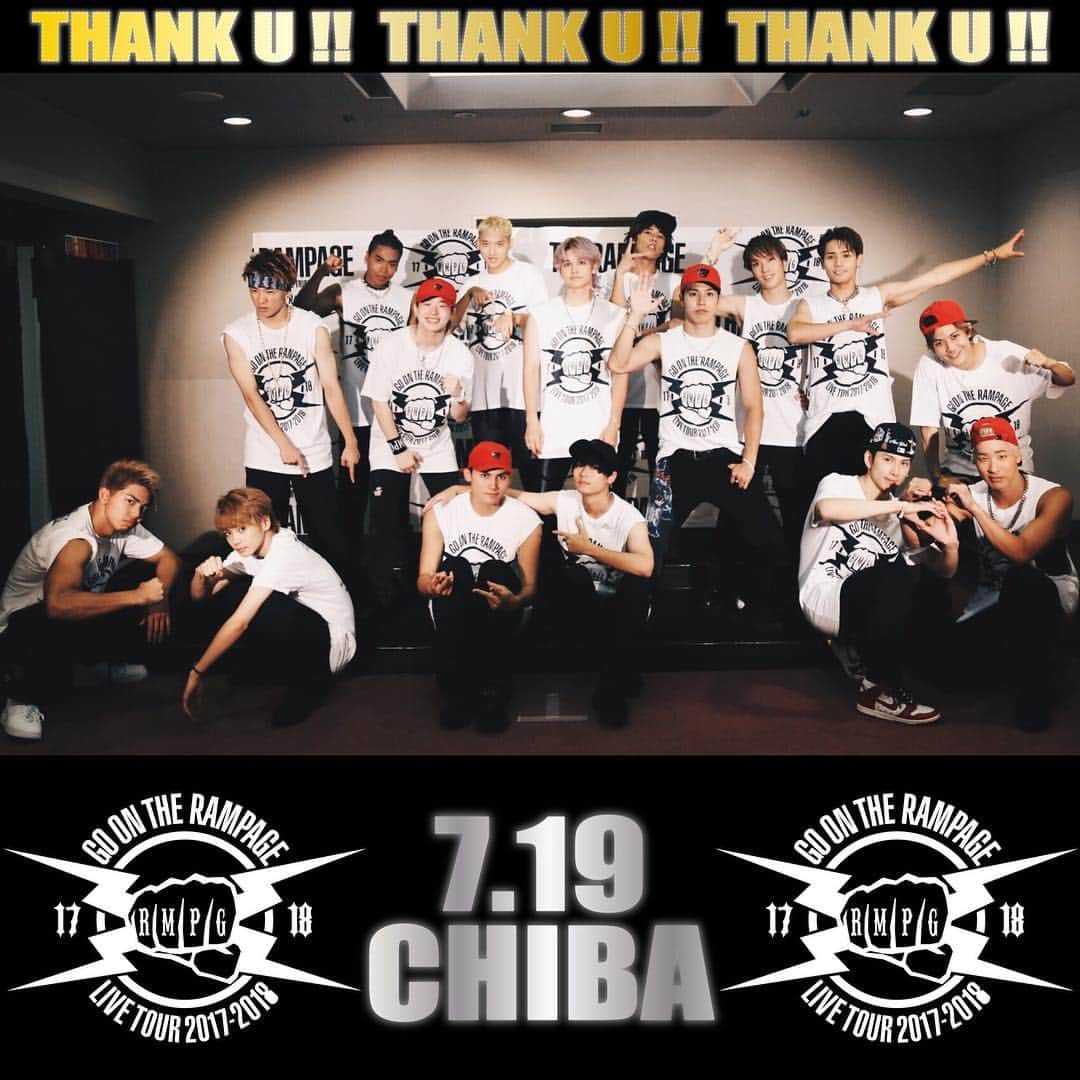 のインスタグラム：「‪『LIVE TOUR 2017-2018 GO ON THE RAMPAGE TOUR』千葉公演2日目‼️‬ お越し頂きました皆様本当にありがとうございました🙏🏾 そして最高の盛り上がりをありがとうございます🙇 追加公演含む本公演(54公演)が本日無事終了致しました✊🏾 遂に残すはFINALのみ。。 感謝の心を胸に最後まで駆け抜けます🔥 #THERAMPAGE #GOONTHERAMPAGETOUR #‪CHIBA‬」