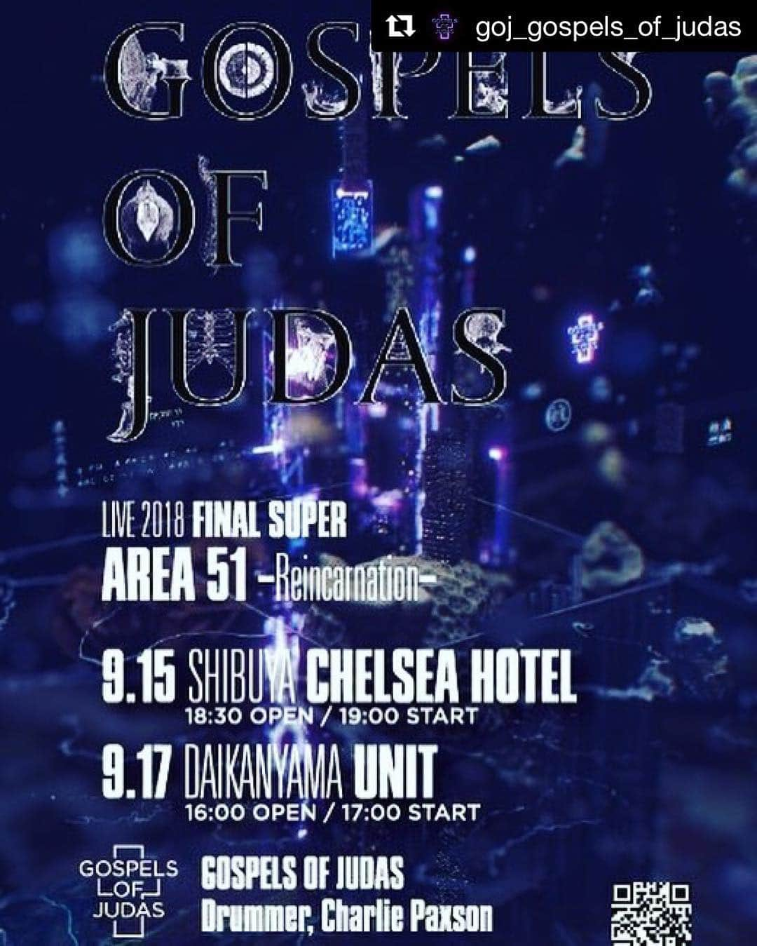 氷室京介さんのインスタグラム写真 - (氷室京介Instagram)「#Repost @goj_gospels_of_judas with @get_repost ・・・ GOSPELS OF JUDAS LIVE 2018 FINAL SUPER 「AREA51 -REINCARNATION-」決定!! ドラムに盟友Charlie Paxsonを迎えたスペシャルライブ 9月15日（土）：渋谷CHELSEA HOTEL 9月17日（月祝）：代官山UNIT http://gospelsofjudas.com/news/103585」7月22日 17時19分 - himuro_com