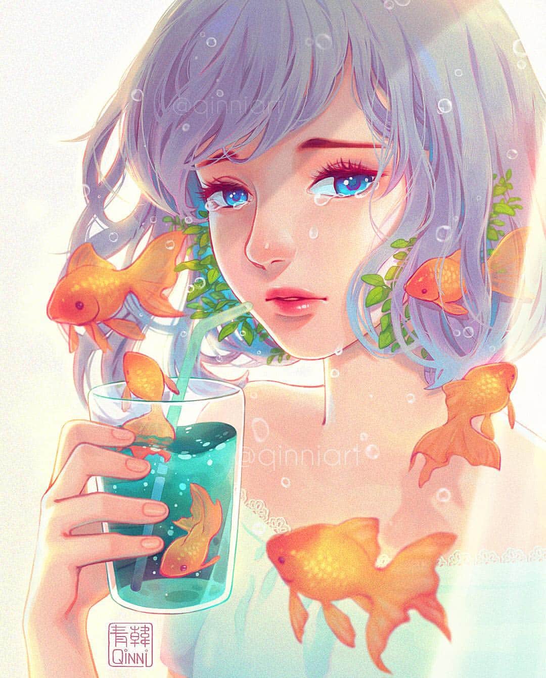 Qing Hanのインスタグラム：「🌿🐠🐠 The sunny weather outside doesn't match my mood...hahaha... • • Just some rambling as usual, feel free to ignore me hahaha. sorry I haven't really been posting much... I've been a little stressed. No surprises there haha. The doctors don't know what to do with me or my heart disease, I'm not getting call backs even after doing tests, but most of all as time goes on I feel more and more useless and like...a waste of space...? It's just this feeling of guilt, inadequacy of not being able to do anything to help anyone or even earn a decent living, instead living off my parents because I'm too sick and stressed and busy with rehab stuff to work right now. It doesn't help that my mom's injured her arm and was diagnosed with low white blood cell (low immune system) a few weeks ago...we're like two sick ppl taking care of each other lmao "orz so yah I've been avoiding social media a bit...I drew this one thing that started off nice and sunny and as my mood worsened it turned sad 😂. I was randomly bursting into tears and shit, and that's not fun lol... I'm so tired. Thanks for all your support and kind words though....but I'm so tired...of just, like, everything hahaha... Sorry, rambled again lmaooo you guys must be super tired of reading these depressing-ish shit lmaooo sry, I don't mean to do it but there aren't a lot of ppl I can talk to about this stuff, especially not my family cause it stresses them out lolll~ though if this stressed you out I'm sorrryyyy haha @-@;;; umm thanks for making it this far lol this is a true ramble. Here's a cookie. Wait, it's summer, so here's some ice cream 🍦😆 • • • #illustration #goldfish #summer #mood #procreate」