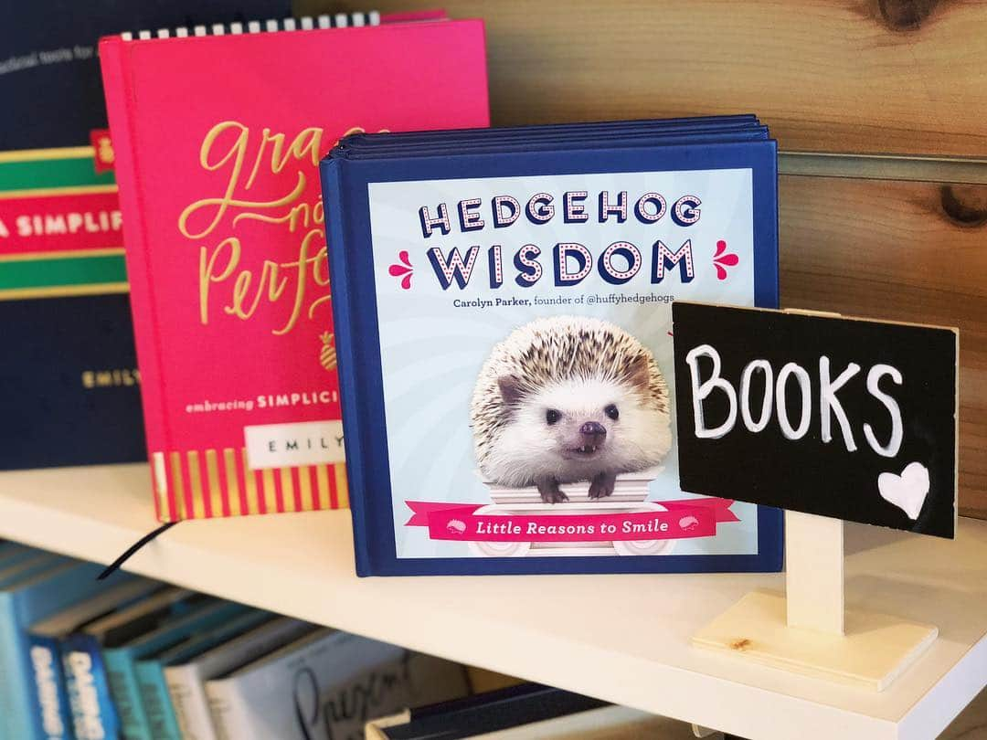 ハフのインスタグラム：「Look what Fluff spotted at @merrymuffins! Delicious healthy muffins AND adorable hedgehog books?! ❤️ What other Houston local favorites should Fluff visit? We’ll pick one of your suggestions and be sure to take new pictures there. 😉📸」