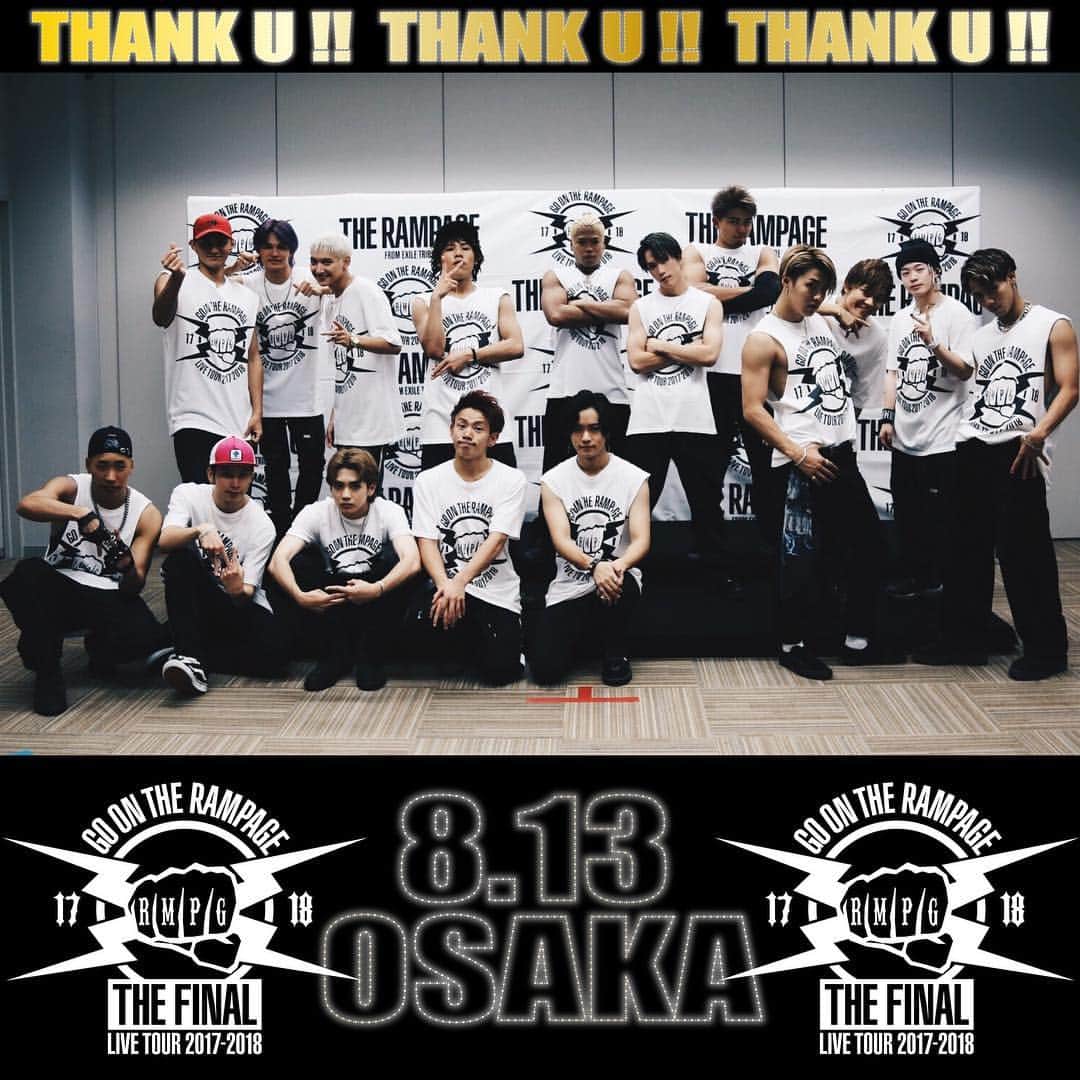 のインスタグラム：「‪『LIVE TOUR 2017-2018 GO ON THE RAMPAGE TOUR THE FINAL』大阪公演初日‼️‬ お越し頂きました皆様本当にありがとうございました🙏🏾 そして最高の盛り上がりをありがとうございます🙇 時の流れは本当に早いもので遂にFINALを迎えました。 ラストまで全国での経験を活かして全力で駆け抜けます🔥 #THERAMPAGE #GOONTHERAMPAGETOUR #THEFINAL #OSAKA」