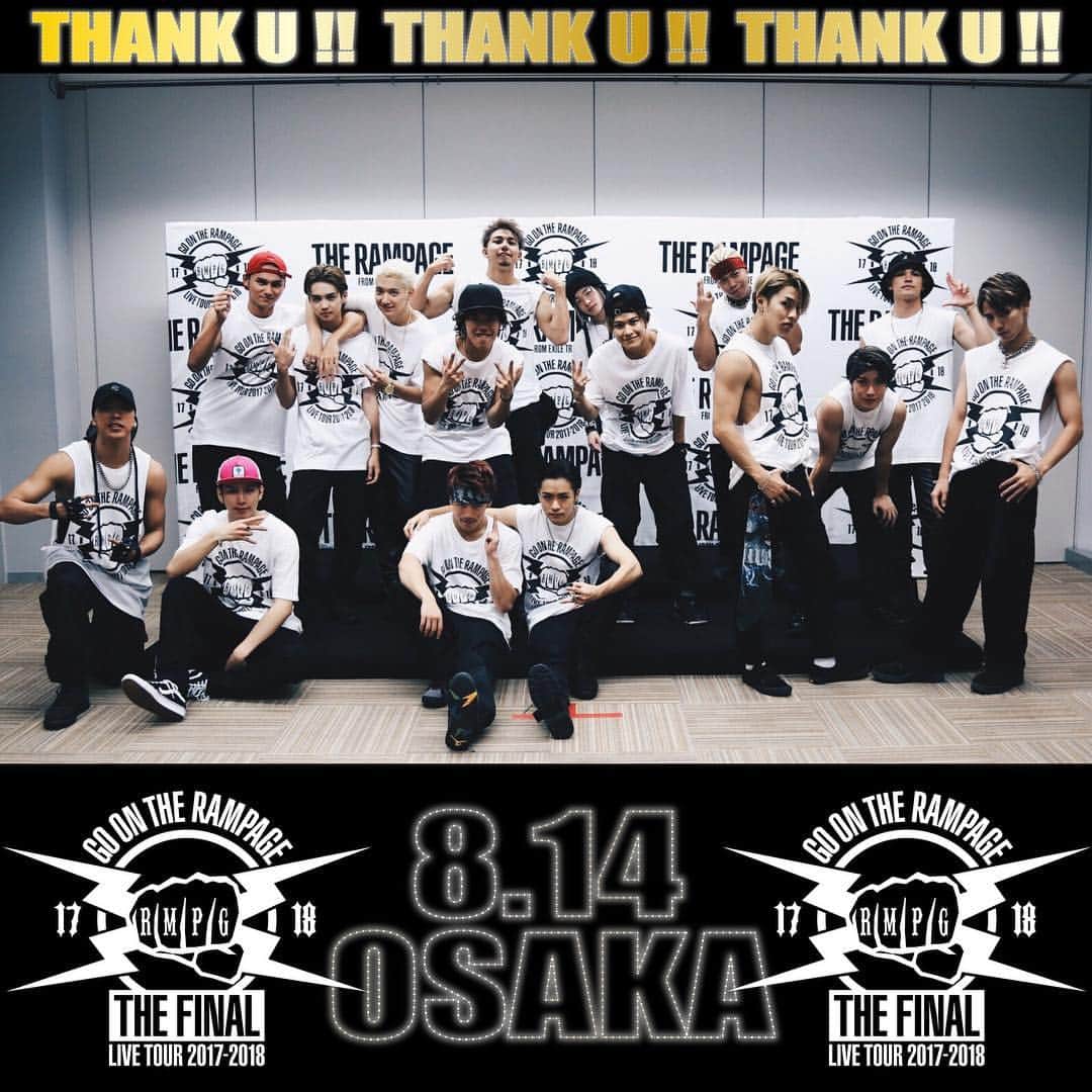 のインスタグラム：「‪『LIVE TOUR 2017-2018 GO ON THE RAMPAGE TOUR THE FINAL』大阪公演2日目‼️‬ お越し頂きました皆様本当にありがとうございました🙏🏾 そして最高の盛り上がりをありがとうございます🙇 今日の公演も凄まじい程一瞬に感じました。残る2日間も悔いが残らないよう全身全霊でパフォーマンスを届けます🔥 #THERAMPAGE #GOONTHERAMPAGETOUR #THEFINAL #OSAKA」