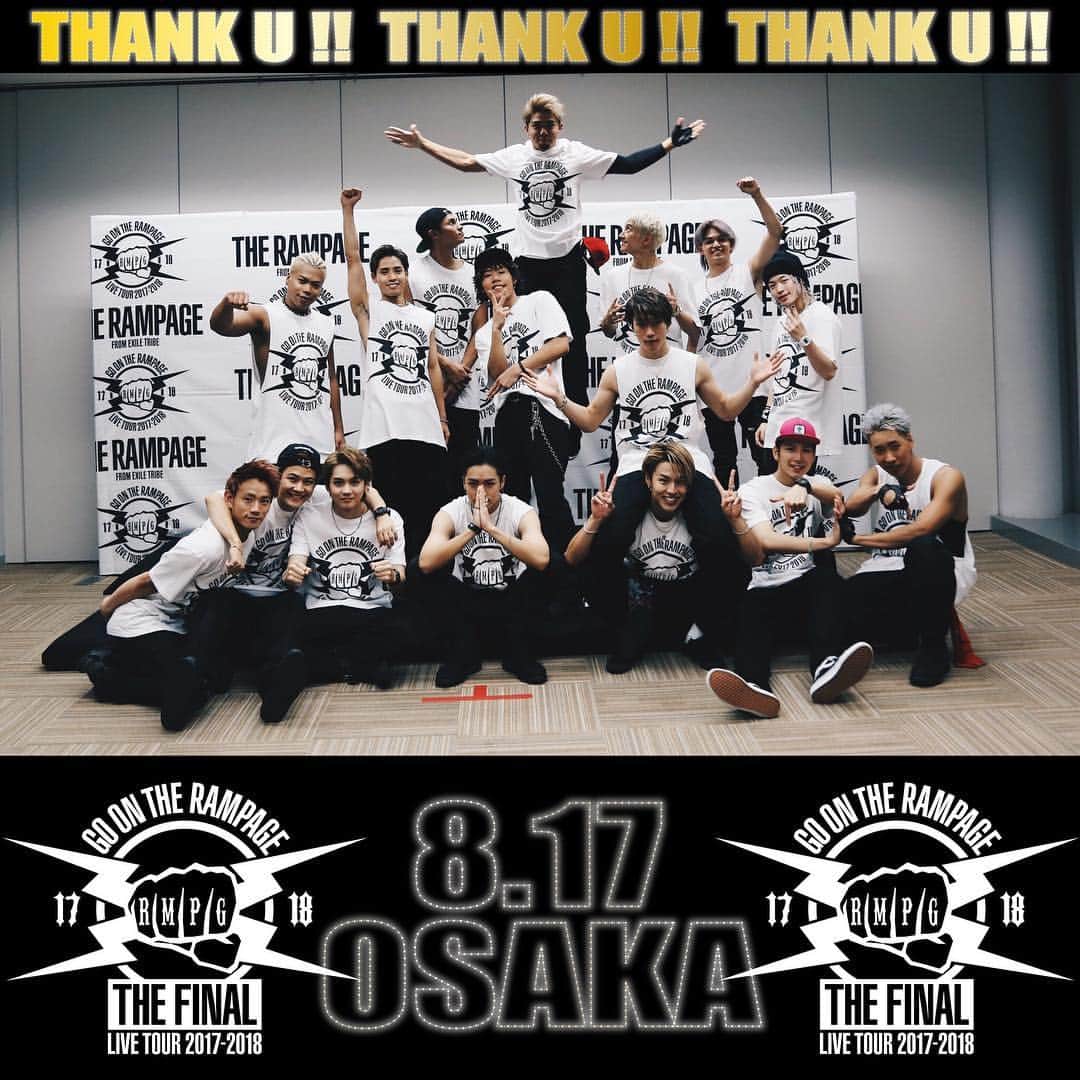 のインスタグラム：「‪『LIVE TOUR 2017-2018 GO ON THE RAMPAGE TOUR THE FINAL』大阪公演最終日‼️‬ お越し頂きました皆様本当にありがとうございました🙏🏾 そして最高の盛り上がりをありがとうございます🙇 47都道府県58公演、16人全員で無事完走することが出来ました😌 僕達は勢いを止めることなく更なる高みを目指してまだまだ頑張ります🔥 支えて下さった皆様、応援して下さった皆様、本当に本当にありがとうございました‼️ #THERAMPAGE #GOONTHERAMPAGETOUR #THEFINAL #OSAKA」