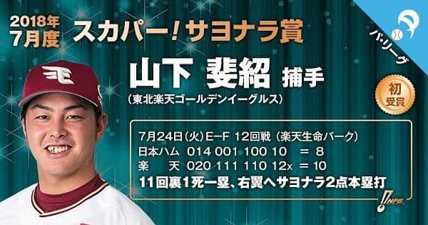 山下斐紹のインスタグラム：「この度スカパー！サヨナラ賞を受賞することができました！ 楽天にトレードできて 8年目にして初ホームランが サヨナラというすごい経験させていただきました！ いつもたくさんの応援ありがとうございます！これからもまだまだ諦めずチーム一丸となって最後まで頑張ります！これからも応援よろしくお願いします！ #スカパー！サヨナラ賞 #サヨナラホームラン #まだまだ諦めない」