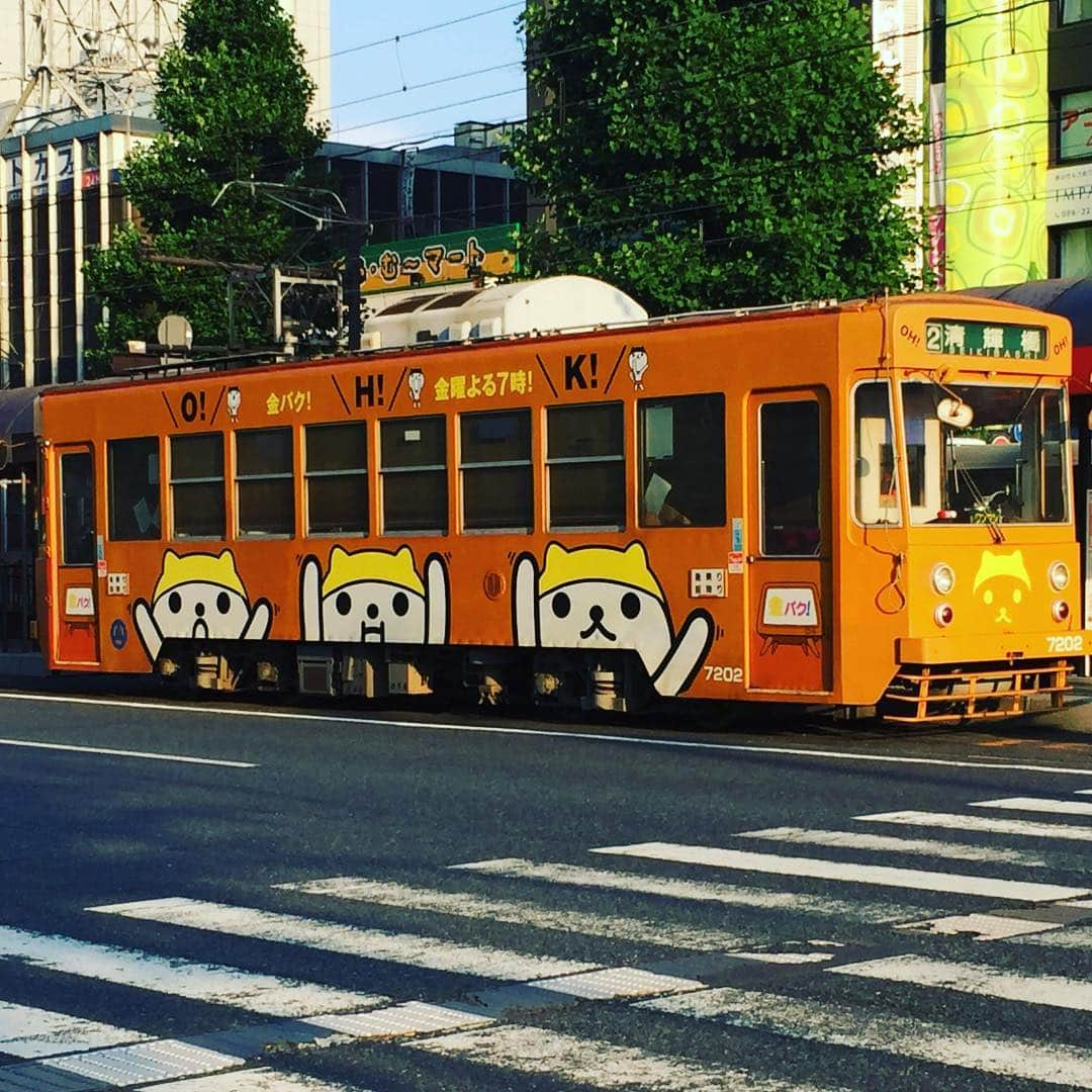 神谷文乃のインスタグラム：「OHくん金バク電車発見！ 懐かしい😂  #岡山#金バク#岡山駅前#まだ走ってるのね#これからも#ずっと続く番組になりますように」