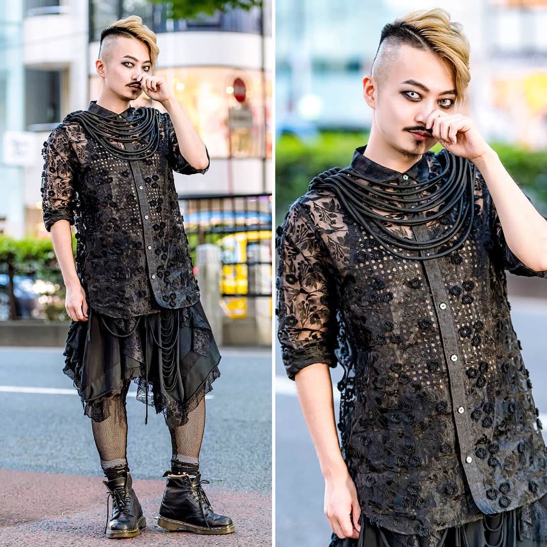 Harajuku Japanさんのインスタグラム写真 - (Harajuku JapanInstagram)「Japanese composer, pianist, and DJ Ohshi (@oshy_wu) on the street in Harajuku wearing a sheer floral top by H.T. Maniac with a black lace skirt by MalkoMalka, gold star Dr. Martens boots, and BeautiK accessories. Check the link in our Instagram profile to see an English subtitled interview with Ohshi on YouTube!」8月20日 3時00分 - tokyofashion