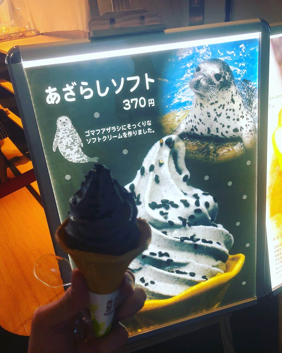 前田玲奈さんのインスタグラム写真 - (前田玲奈Instagram)「アイス、たべてますよ🎀 最後の夏を回収するために江ノ島へ。 新江ノ島水族館。 あざらしの写真と並べられるとね（笑） なんだか生臭そうな感じするけど（笑）、美味しい黒ゴマ味のソフトクリームでした♡  #アイ活 #あざらしソフト #ゴマフアザラシ #softcream #新江ノ島水族館 #江ノ島 #icecream」8月28日 15時37分 - maedarena_ice