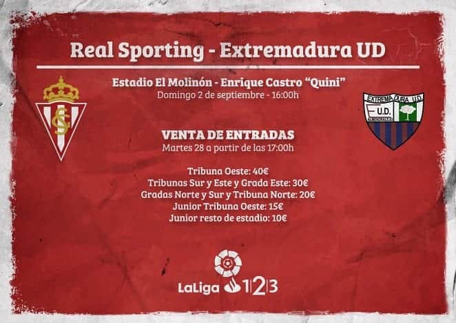 スポルティング・デ・ヒホンのインスタグラム：「Precios de las entradas para el partido ante el Extremadura UD  Se jugará el domingo a las 16:00 horas en El Molinón」