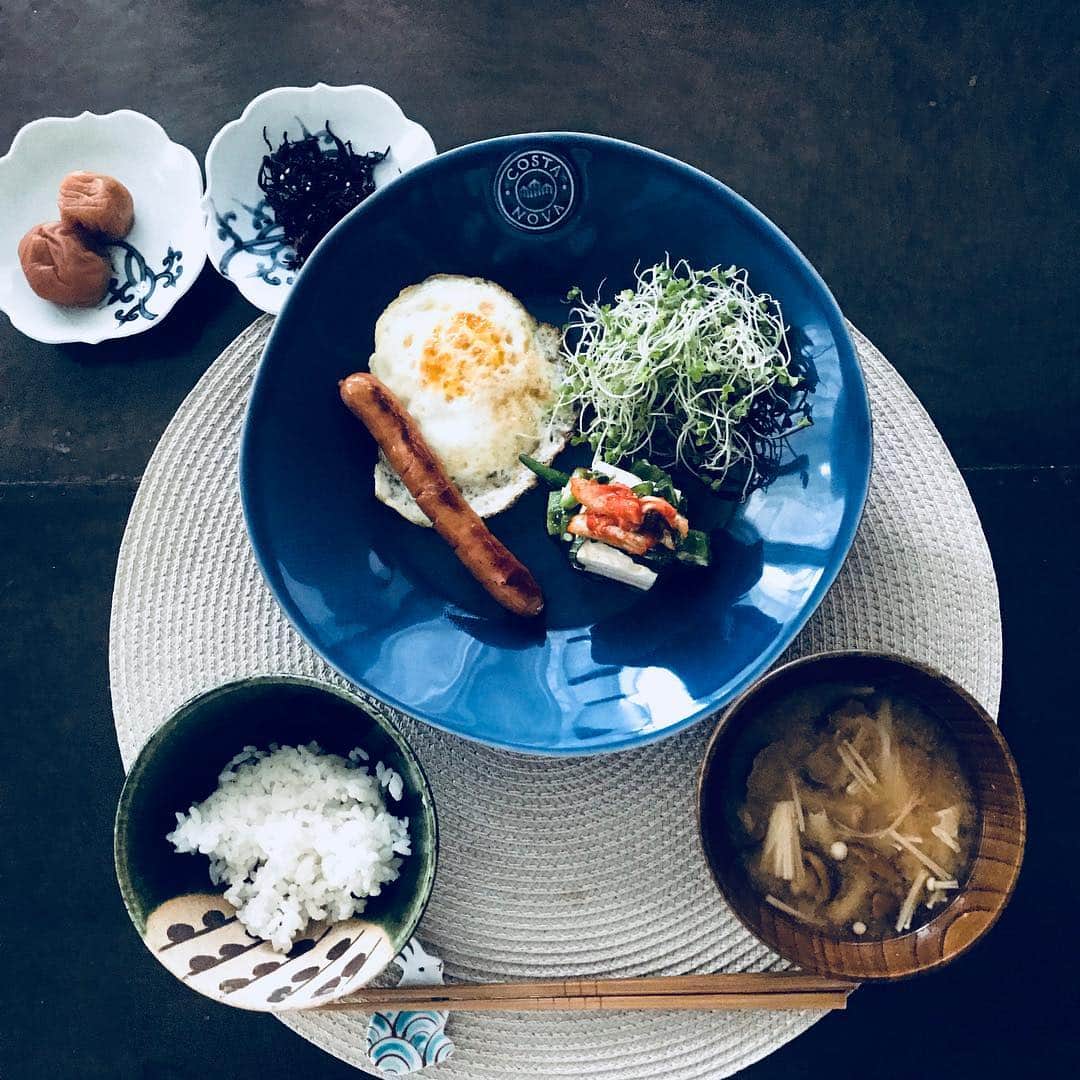 大草直子さんのインスタグラム写真 - (大草直子Instagram)「おはようございます！今週はとにかく早起き、とにかくフルスロットル。たくさん食べて、元気にがんばろう。 #costanova  #なめこのお味噌汁大好き #洋食器と和食器を #混ぜるのが好き #今日も一日頑張ろう」8月29日 9時13分 - naokookusa