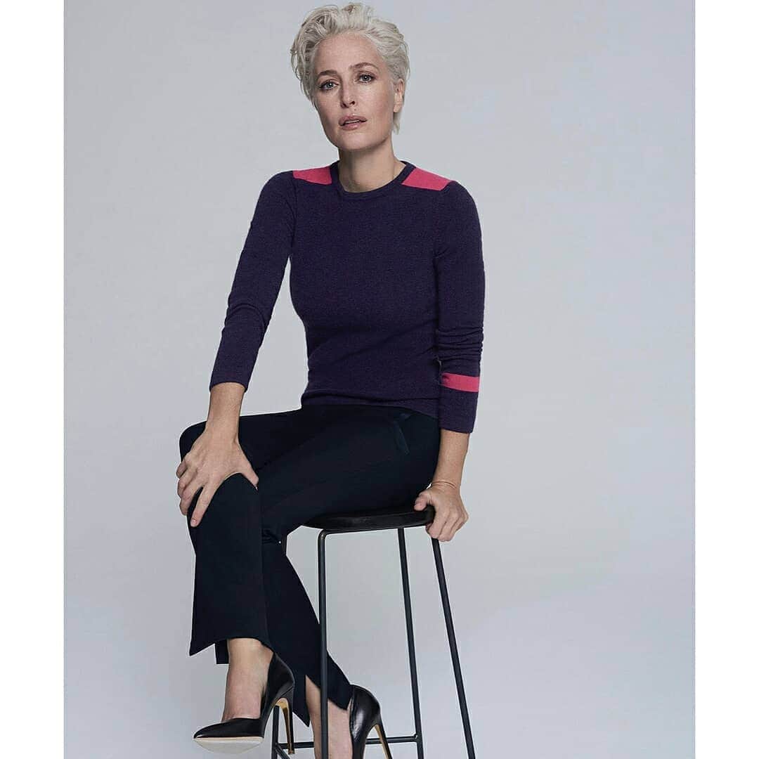 ジリアン・アンダーソンのインスタグラム：「The Cashmere Fitted Boyfriend Jumper. This is my favorite type of everyday sweater. It’s really, really soft yet feels durable and can easily look good casual or dressed up. I hope the colours are enough of a variety for all tastes. The original aim was for their opposites to be available as well but we’ll have to see what you all respond to. For instance the mustard with mink (coloured) front and back yoke detail could become mink with mustard and the chocolate with cream... you get the idea. I hope you love them as much as I do cause I’m going to be wearing them pretty much everyday from October on! #GAWinserLondon」