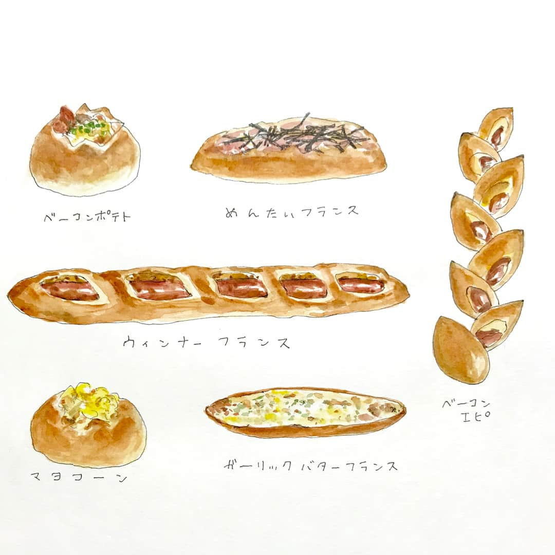 ハルペイさんのインスタグラム写真 - (ハルペイInstagram)「🥐 ハードなお惣菜パン❤️ #好き#パン #bread #フランスパン#ハードパン #ベーコンポテト#めんたいフランス #ベーコンエピ#ウィンナーフランス #マヨコーン#ガーリックバターフランス#食べ物イラスト#doodle#draw#drawing#illustrator#illustration#art#お絵描き#japan#絵#雑貨#湘南#イラスト#イラストレーター#ゆるいイラスト#ゆるい#ゆるかわ」9月5日 21時34分 - harupeipei