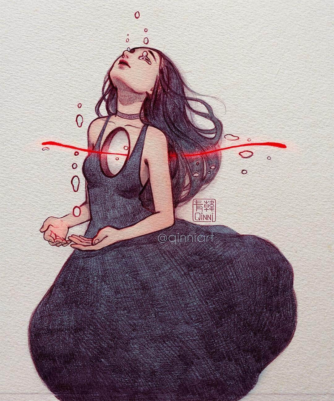 Qing Hanのインスタグラム：「Empty ⭕️ • • • So I took a break from social media for about a month. This really just was a doodle for myself and I wasn't even going to post it, but you know how sometimes messy doodles just kinda solidify... Well, anyways, stress got the better of me and I pretty much had to shut down and do something else for a bit. And by something else I mean nothing of significance at all lol. I wish things had gotten better, but it hasn't...my mom's white blood cell count actually LOWERED, and she still insists on working -__-;;. My granddad's tumour has...migrated... I'll need to go back to China soon to see him. My mom's preparing me for the worst and it's kinda all just happening at once? The doctors here are thinking of sending me to the Mayo clinic in the US because my heart disease is so unusual, and the scar is STILL growing according to the CT reports...And US medical fees are so much I dunno if I'd wanna go or just die and save some money for my aging parents 😂😂 Anyways, I'm not sure how "back" I am, but I'm trying to get back to art and maybe draw my stress out haha...but tbh it felt better gaming and not thinking about anything. Haha, sorry, I feel like every time I post online it's always so negative. I wish I was more positive these days~ Well, I'm more positive when I'm gaming and cooking? Lmaooo~~ I'm gonna go water my plants. Thanks for dropping by and sticking w me :) 💕」