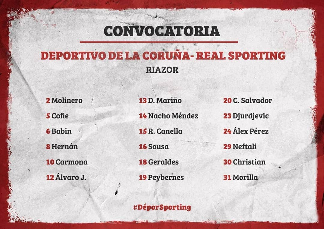 スポルティング・デ・ヒホンのインスタグラム：「CONVOCATORIA |  Ya tenemos la convocatoria de  @RubenBaraja para el partido de mañana  VS @rcdeportivo 20:45H Riazor  #VamosSporting」