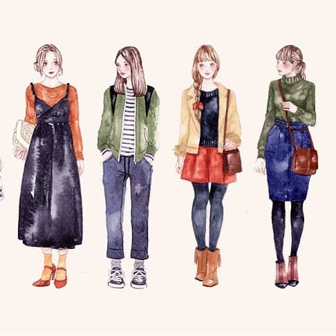 のインスタグラム：「秋コーデ #ファッションガールズ ‪https://www.kadokawa.co.jp/product/321608000151/‬ ‪ #artwork #watercolor #水彩 #art #illust #illustration #draw #illustrator #イラスト #イラストレーター #落書き #手描き #手書き #アナログ #アナログイラスト #miyamaayumi #ミヤマアユミ #秋 #autumn #fashion #ファッション #ファッションイラスト #ファッションイラストレーション」