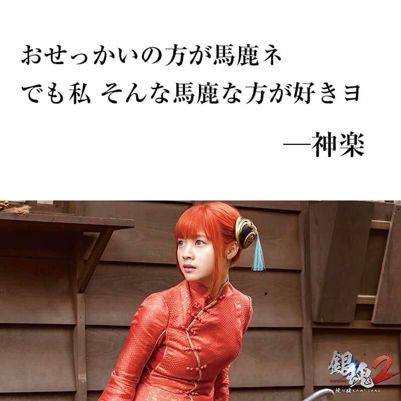 映画『銀魂』のインスタグラム：「おせっかいの方が馬鹿ネ﻿ でも私 そんな馬鹿な方が好きよ﻿ ﻿ ー神楽﻿ ﻿ #銀魂2✌️﻿ #名言﻿ ﻿  #銀魂 #gintama #小栗旬 #菅田将暉 #橋本環奈 #中村勘九郎 #柳楽優弥 #吉沢亮 #三浦春馬 #窪田正孝 #長澤まさみ #岡田将生 #勝地涼 #夏菜 #ムロツヨシ #キムラ緑子 #佐藤二郎 #堂本剛 #堤真一 #福田雄一 #backnumber」