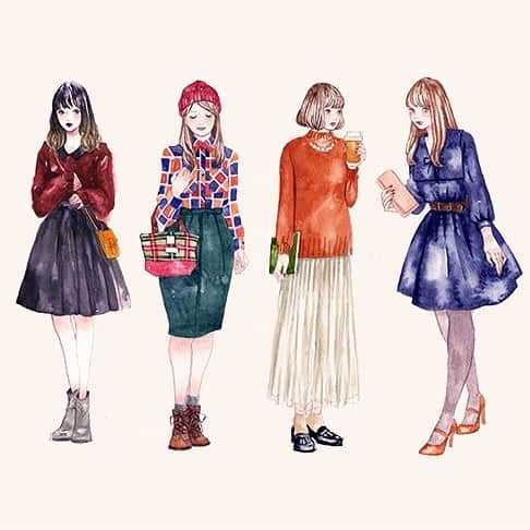のインスタグラム：「秋コーデ #ファッションガールズ ‪https://www.kadokawa.co.jp/product/321608000151/‬ ‪ #artwork #watercolor #水彩 #art #illust #illustration #draw #illustrator #イラスト #イラストレーター #落書き #手描き #手書き #アナログ #アナログイラスト #miyamaayumi #ミヤマアユミ #秋 #autumn #fashion #ファッション #ファッションイラスト #ファッションイラストレーション」