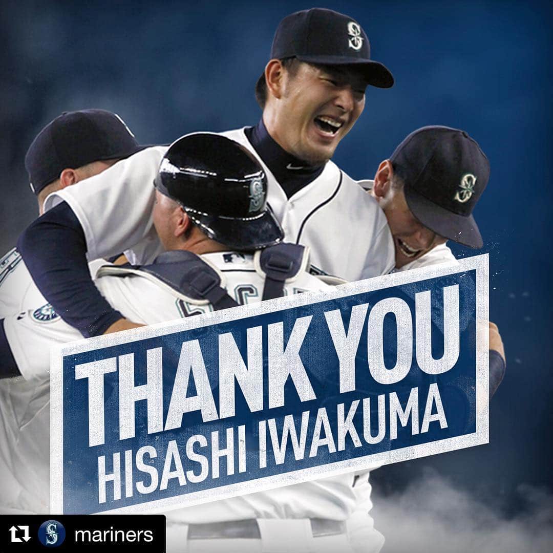 のインスタグラム：「Thank you Mariners for the great posts! It made me so happy. I appreciate it from the bottom of my heart.  And thank you to all the fans and supporters for your wonderful messages and comments. They gave me the energy to keep moving forward!! たくさんの愛情をくれるマリナーズに感謝の気持ちでいっぱいです。 ファンの皆さん温かいメッセージをありがとうございました！ 皆さんの思いを力に変えて頑張ります！ #Repost @mariners with @get_repost ・・・ Thanks, Kuma. 🐻// After seven years in the Mariners organization, @hisashiiwakuma_18 plans to return to Japan. More at Mariners.com/Blog.」