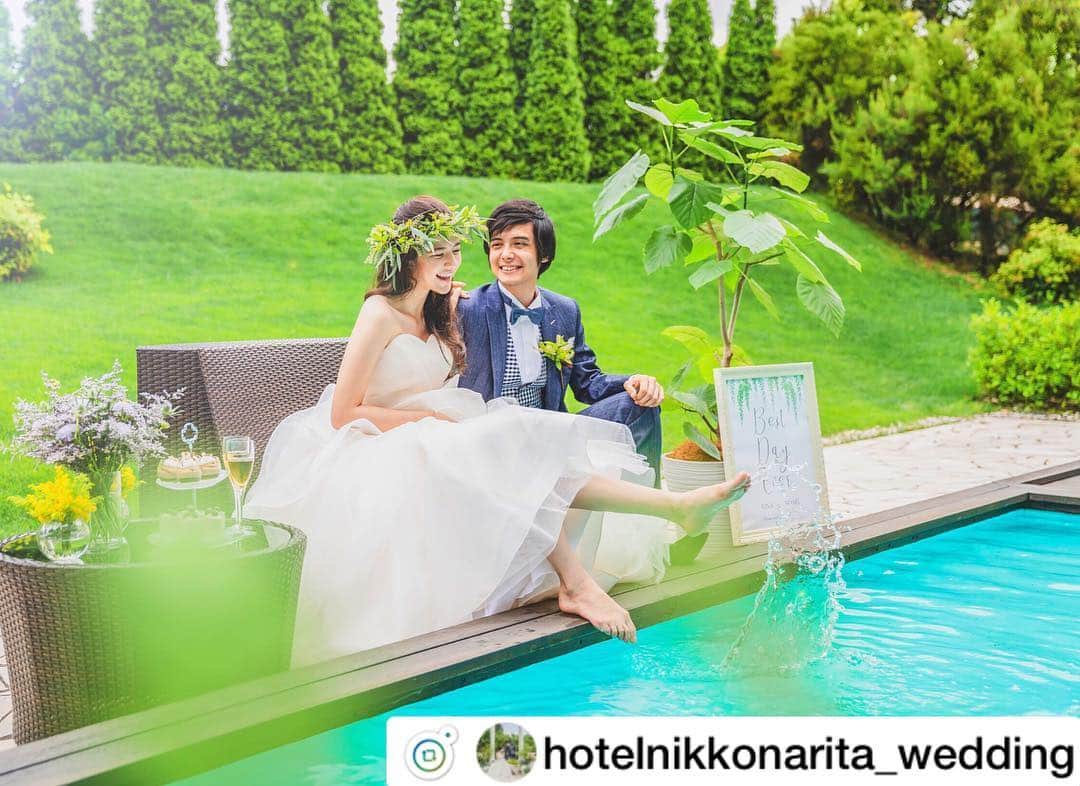 のインスタグラム：「ホテル日航成田さんの広告をやらせて頂きました❣️ #wedding #weddingdress  #hotelwedding #ホテル日航成田  #green #white #pool  #ホテルウエディング」