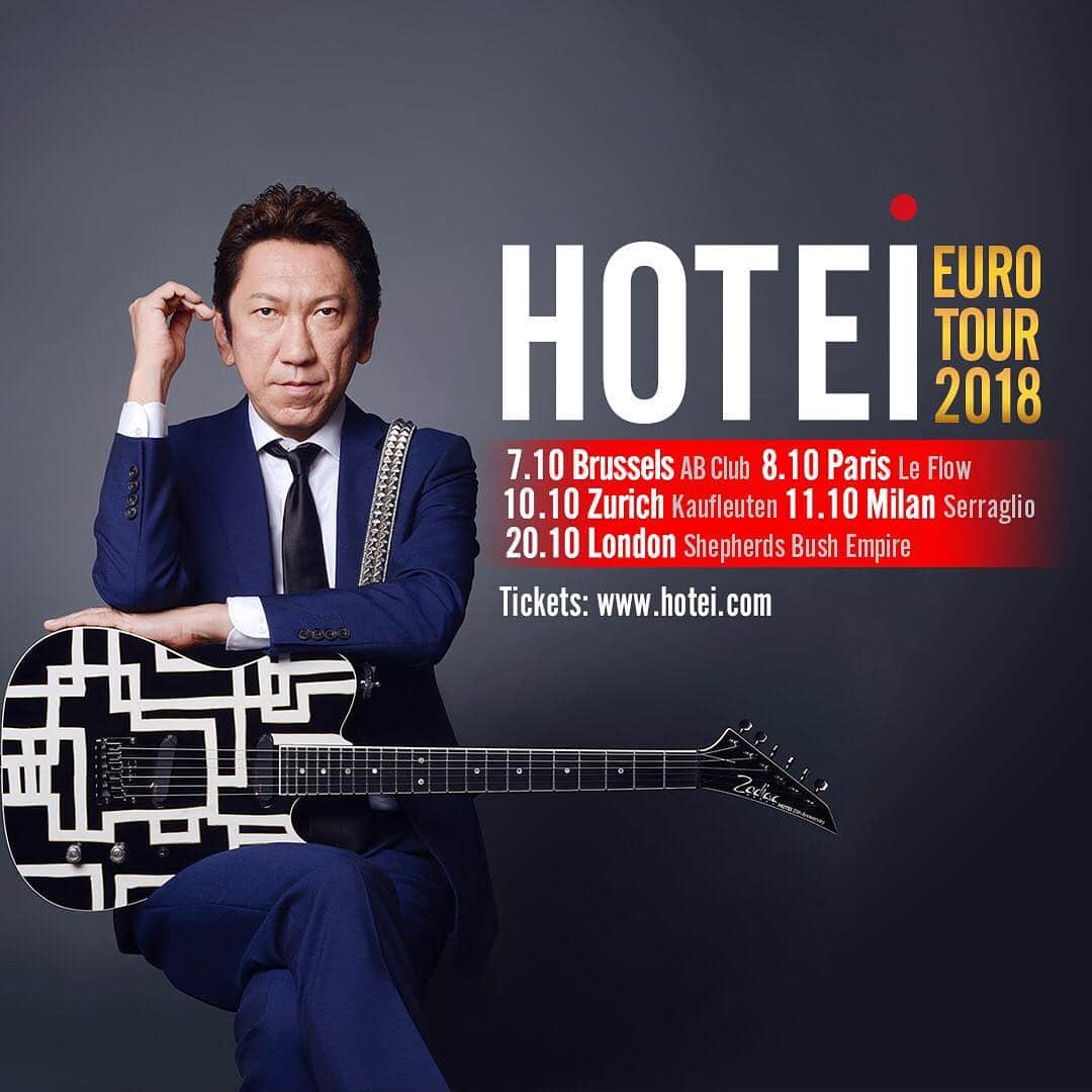 RENAのインスタグラム：「#HOTEI EURO #TOUR 2018 will kick off from this October‼️ #London would be on October 20th, and got #Brussels, #Paris, #Zurich, #Milan! check the website for more details! For anyone I know, you can message me for the #tickets !:) www.hotei.com  HOTEI さんのユーロツアー2018のご案内です！ロンドンは10月20日！その他ベルギー、フランス、スイスにイタリアで行われます。興味ある方はウェブサイトで詳細を確認下さい。私の知人、友人でチケットを購入したい方は私までメッセージ下さい✨ #artist #guitarist #eurotour #hotei #stage #live」