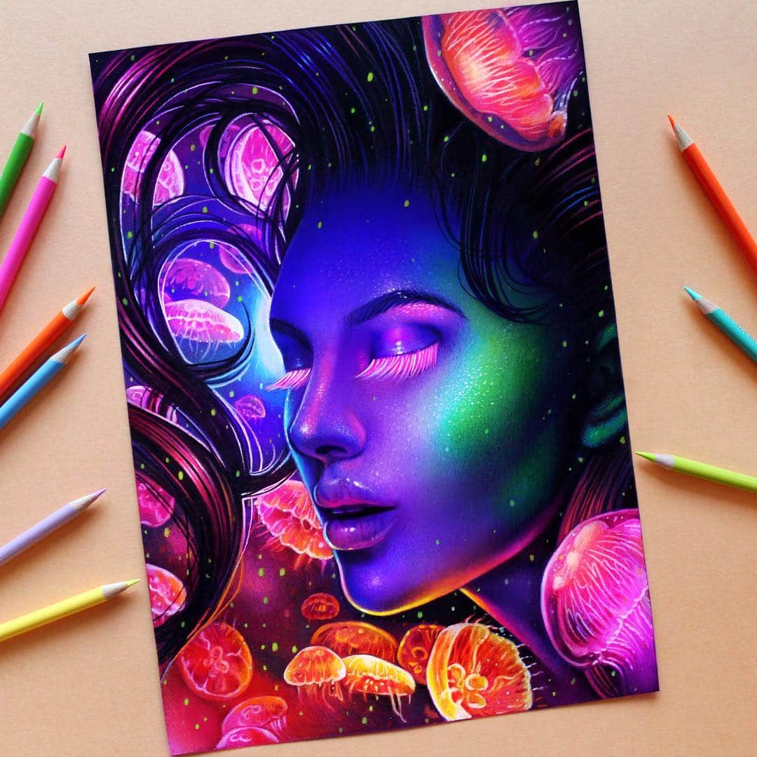 Morgan Davidsonさんのインスタグラム写真 - (Morgan DavidsonInstagram)「New drawing done with Prismacolor premier colored pencils on Canson Colorline magenta paper (finished off with neon gel pen). I had so much fun doing this idea I’ve had stuck in my head for a while! 🙊💕」9月27日 9時27分 - morgandavidson