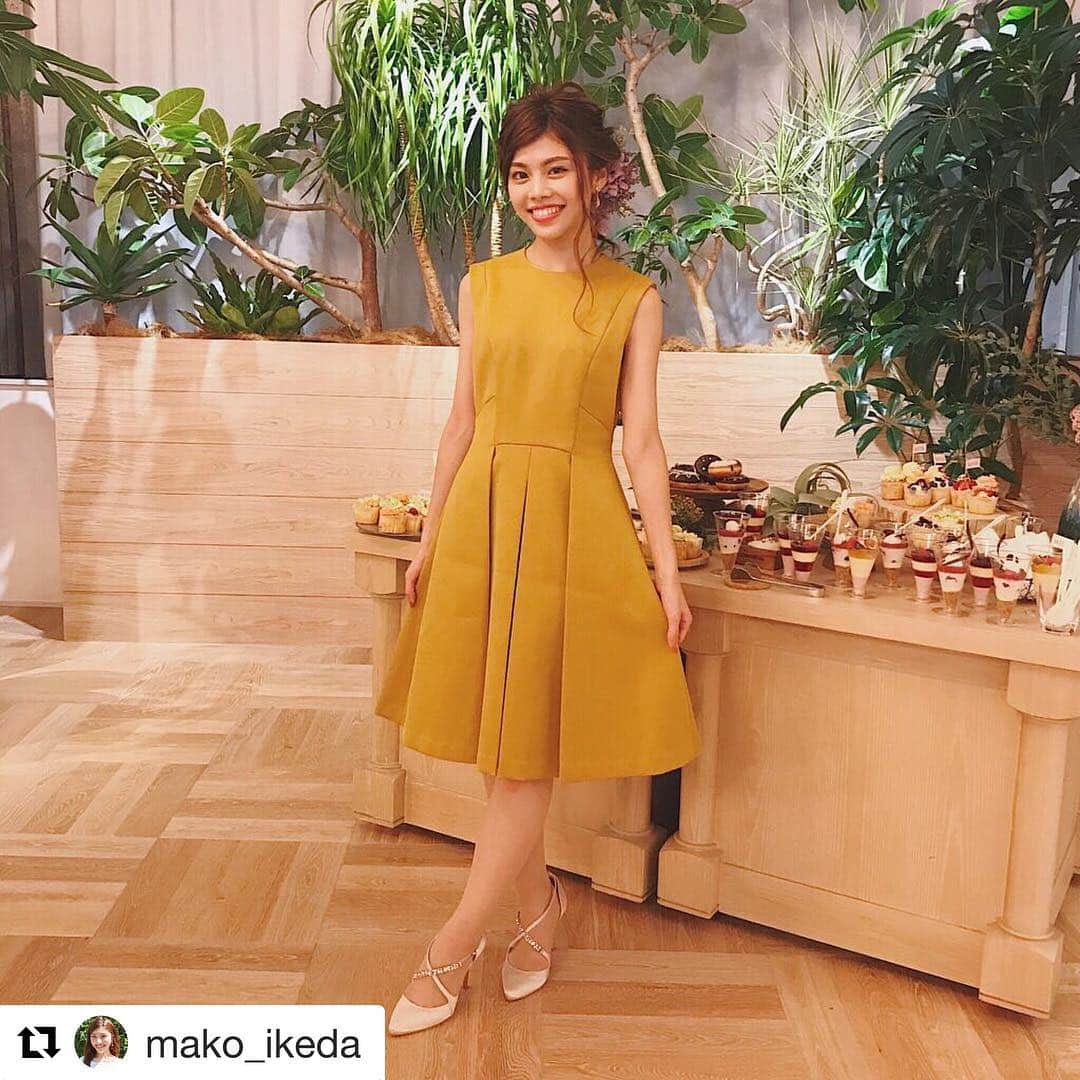 FAJOTIのインスタグラム：「@mako_ikeda 様 素敵にご着用頂きありがとうございます😊  #Repost @mako_ikeda with @get_repost ・・・ イベントのドレスコードはカラフル♪ FAJOTIのポンチフレアワンピースを着用させて頂きました＊° ドレスの時と同じヘアアレンジのままなんだけど、お花とも合ってて可愛かった💕  #fajoti #ファジョディ #エスクリ #マスタード  #スターエディターパーティー2018 #withgirls  #パーティー #ラグナヴェールアトリエ #ゴーディネート #ヘアメイク #ヘアアレンジ #ウェディングヘア #fasion #partydress #instafashion #instagood」