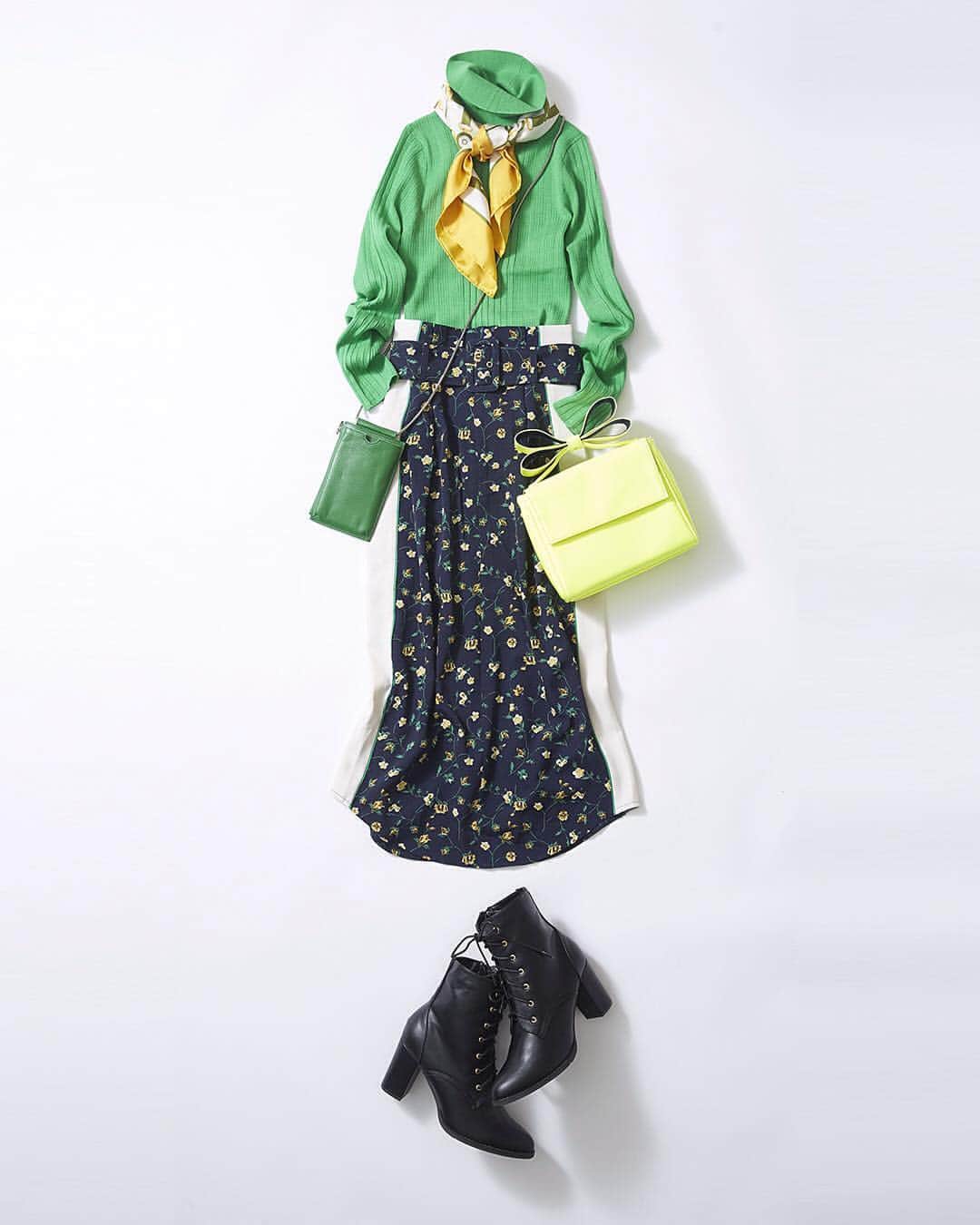 ルミネ公式のインスタグラム：「カラー×プリントで遊び感たっぷりに #ニット ¥5,990+TAX #スカート ¥7,990+TAX #ブーツ ¥9,800+TAX #ケース ¥5,500+TAX #ポシェット ¥14,000+TAX #スカーフ ¥11,000+TAX ・ [ #LUMINEMAGAZINE ] #lumine #ルミネ #ルミネ池袋 #レディアゼル #ビューティアンドユースユナイテッドアローズ #ビームス #スピックアンドスパン #ootd #outfit #fashion #coordinate #コーディネート #ファッション #デイリーコーデ #コーデ #フォロー #山脇道子 http://magazine.lumine.ne.jp/?p=78543 ※商品の価格や取り扱い状況は撮影時点のもので、変更になることがあります。」