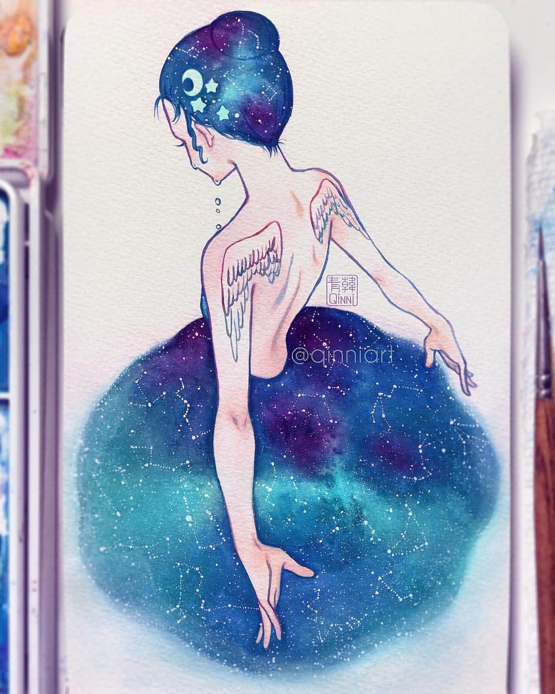 Qing Hanのインスタグラム：「✨✨Ballerina✨✨ • • • Tried to actually do actual constellations, can you guys recognize any? 😆😆 Haha sorry for the hiatus again @-@;; with back pain and headaches it's kinda hard to get back into everything >.<;;. I also tried to film this with a camera I got a while back for my Japan trip that I never got to go to cause I got hospitalized loll. Setting up took quite some time @-@;; ~ Anyways, I'm going to Shanghai for a bit next week to visit my granddad, so I may not be able to draw or post much...I'll only be sketching cause I won't be taking my paint or laptop with me. It's too much work 😬. Should I post sketches here? Yeah or nah? I used to post them but I kinda feel like they're too scrappy to show these days haha~~ • • • #inktober #art #painting」