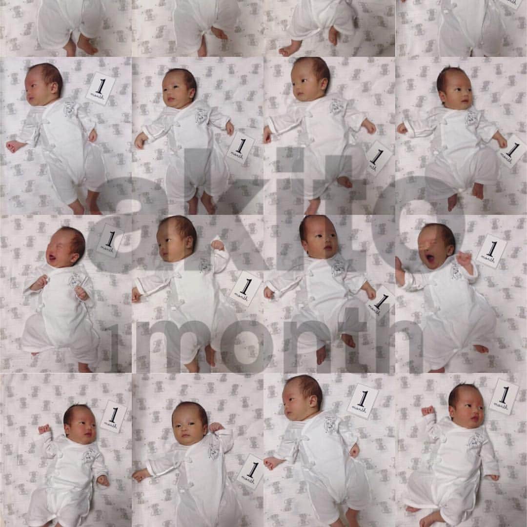214krnのインスタグラム：「生後1ヵ月 ・ 今日で生まれて1ヵ月👶🏻 毎日かわいいで溢れてる♡ ・ 日に日にずっしり感増して 重たくなってるけど、 まだまだ母乳吸うのが下手で むせて顔赤くしてやるし、 1時間〜2時間半間隔で起きるから 寝不足の毎日。 昼夜逆転で夜中の3時から ごきげんさんになるし🙄 ・ でも可愛いし毎日の成長が楽しみで がんばれる🤱 ・ 来週からは3人でがんばろな👪」