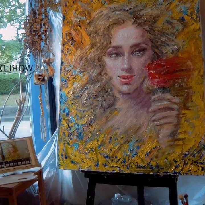 古賀陽子のインスタグラム：「The making of the oil-painted animation. (Please watch the last post!) #油絵アニメーション のメイキング映像。 前回のポストを是非ご覧ください！」