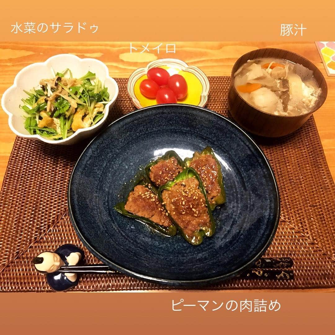 増田有華さんのインスタグラム写真 - (増田有華Instagram)「＊ 今日の夜。  水菜のサラダは昨日行ったお店であまりにも美味しかったので、真似っこ。 同じ味にできました😆❤️ 厚揚げとえのきをごま油と少量の鶏ガラで炒めたら、水菜にかけて、塩昆布ごま油と和えて完成！ 母から送られてきた里芋とごぼうがまだ余っていたので、またまた豚汁です笑 ＊ #増田飯ぃ #ピーマンの肉詰め #水菜サラダ #豚汁 #食 #自炊 #おうちごはん #お家ご飯 #ひとりごはん #料理好き #体質改善 #cooking #cook #cooklife #smile #enjoy #beauty #eat #instagood #recipe #japanesegirl」11月7日 23時31分 - masuyuka_official