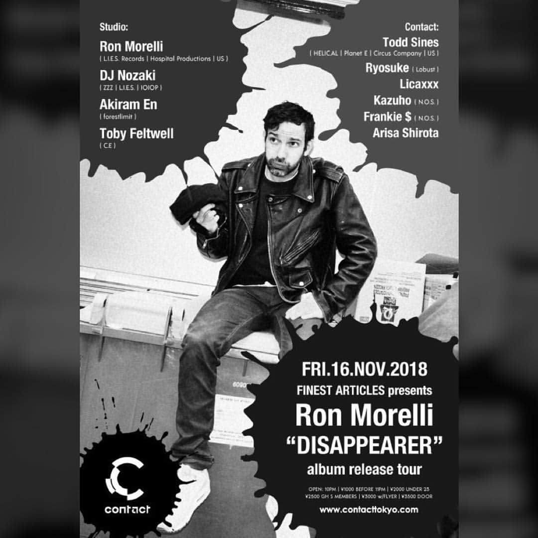 Licaxxxさんのインスタグラム写真 - (LicaxxxInstagram)「大大大好きなレーベルL.I.E.S.主宰のRon Morelliが来るぞ！！！！私はラウンジでしっかりやんちゃなやつやります。理想的なパーティを作るための気合十分。毎月色々なところでインタビューして頂きパーティについて答えるんだけど、簡単に言うとこういうことです！！ 16日あけといてください！ 【11月16日（金）FINEST ARTICLES presents Ron Morelli ”DISAPPEARER” album release tour @contacttokyo 】 レーベル"L.I.E.S."を運営するRon Morelliが、リリースしたばかりのアルバム「DISAPPEARER」を引っさげ登場。ZZZ名義で"L.I.E.S."からリリースを果たす目下注目のDJ Nozakiも参加。」11月8日 22時05分 - licaxxx1