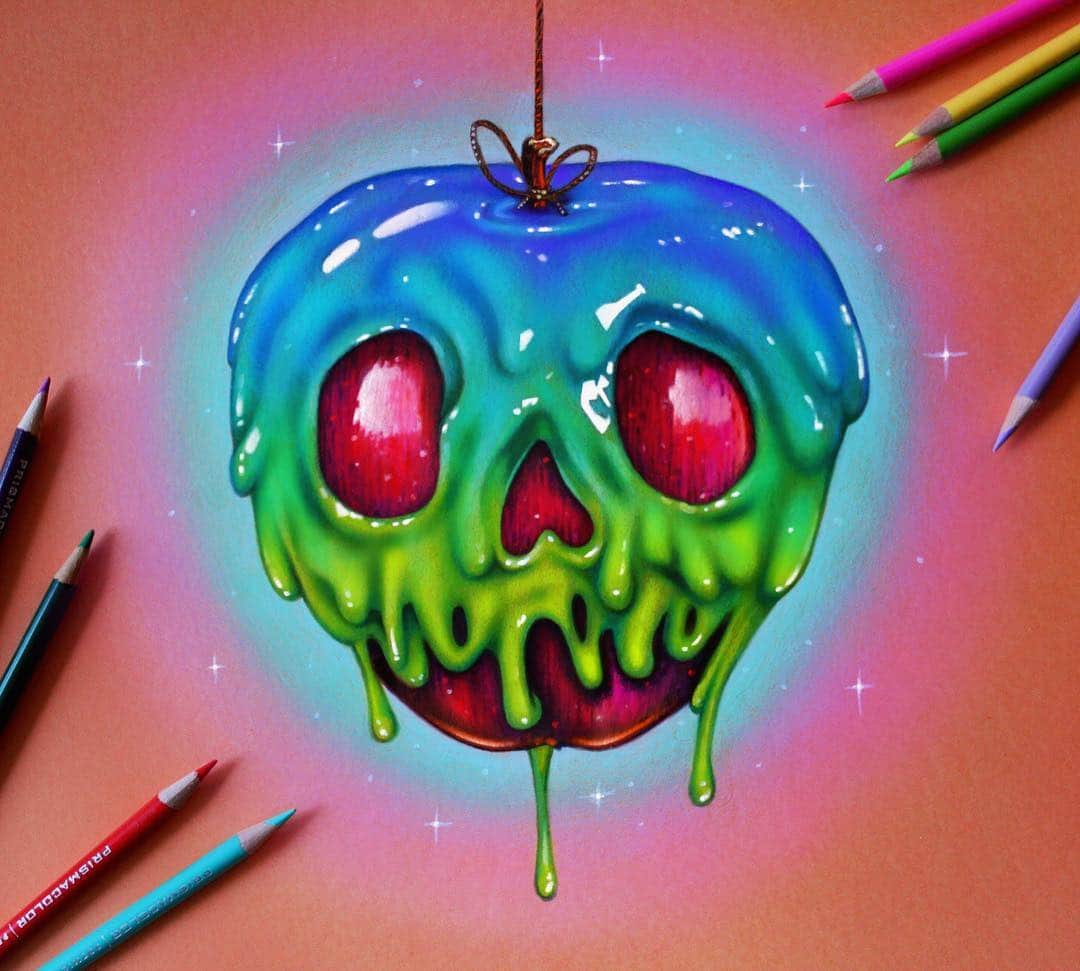 Morgan Davidsonのインスタグラム：「Fun poison apple sketch I did today! 🍎✨👻 Prismacolor premier colored pencils on Canson colorline paper. Before Halloween I’ll do another one or two of these fun spooky sketches and post my pumpkin carving! 🎃🍂」