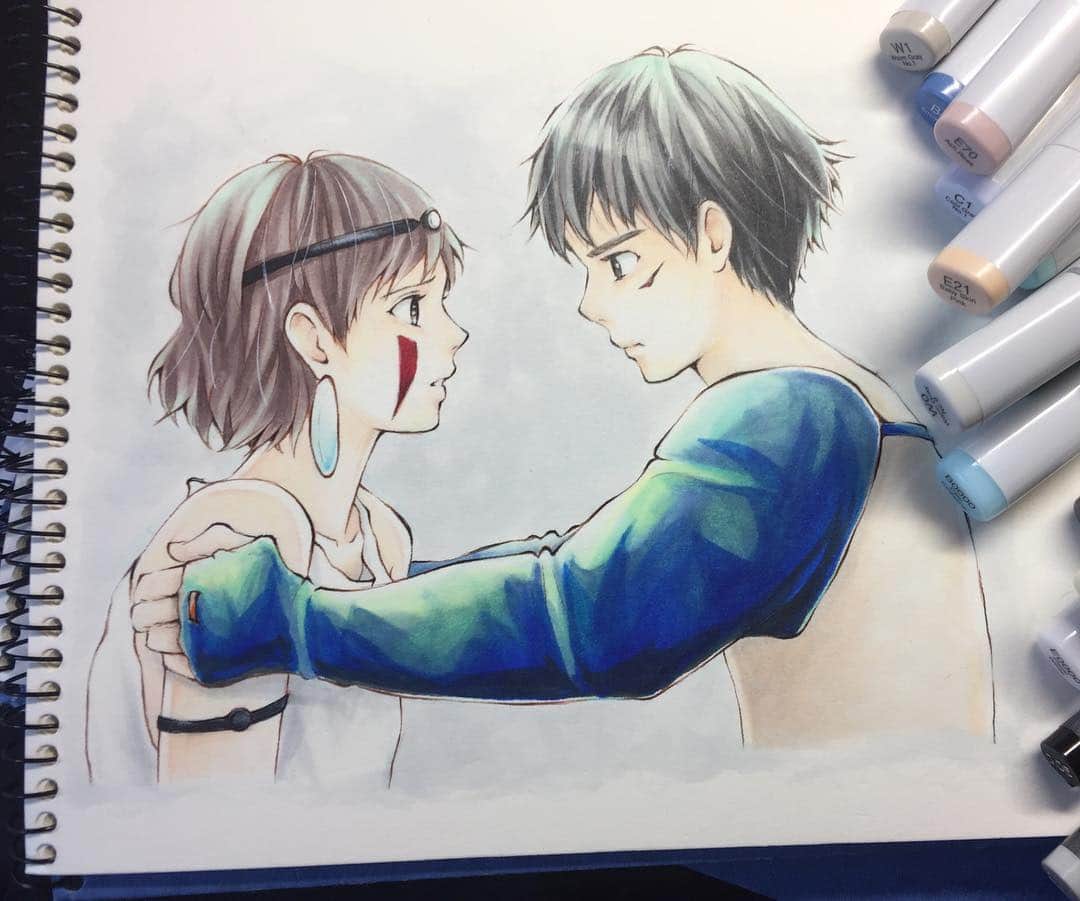 咲良りえのインスタグラム：「『もののけ姫』💚💛前回テレビで放送された時に描きたいって思ってたけど結局描けなくて。。いつだろ 2年？3年？越しでやっと描けた〜😄💦 #もののけ姫 #ジブリ #princessmononoke #studioghibli」