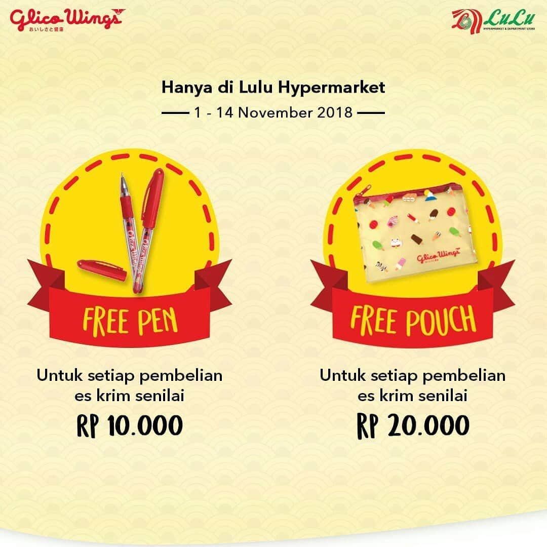 Glico Wingsさんのインスタグラム写真 - (Glico WingsInstagram)「Mau  dapat hadiah sambil makan es krim favorit? Kamu bisa langsung kunjungi gerai Lulu Hypermart BSD dan Cakung. Disana kamu bisa mendapatkan potongan harga Rp.1,000 khusus untuk varian Frost Bite Kacang Hijau.  Dapatkan juga hadiah langsung 1  pen menarik hanya dengan berbelanja Rp. 10.000 untuk es krim varian apa saja dari Glico Wings.  Tunggu apalagi? Ayo, segera kunjungi gerai Lulu terdekat.  #GlicoWingsPromo」11月3日 14時00分 - glico.wings