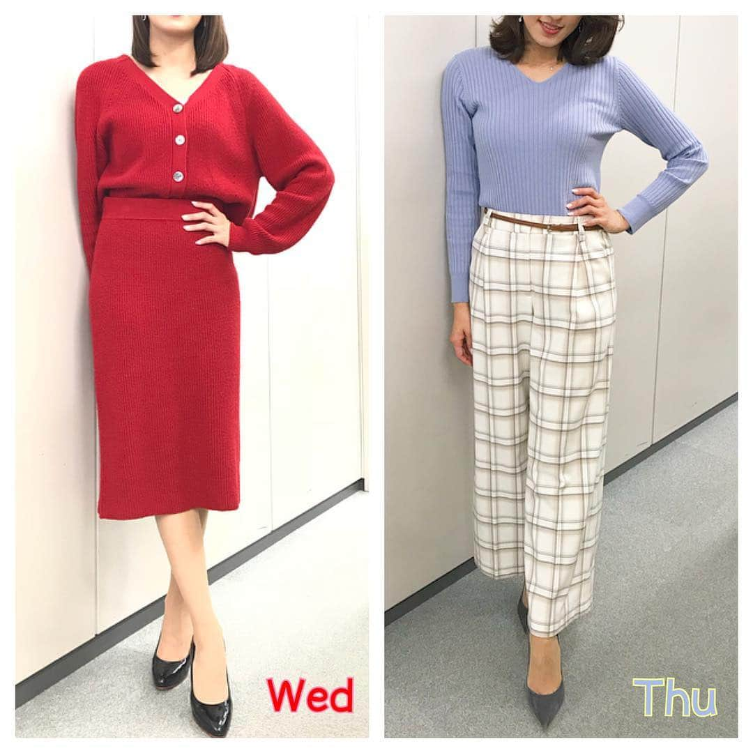 永島優美さんのインスタグラム写真 - (永島優美Instagram)「* 👗Weekly Coordinate（11/25-）👠 * ルリ姉と衣装がクリスマスカラーでした🎄❤️ ちなみにこの日は珍しくセンター分け！（賛否両論ありました🙋🏻‍♀️笑） やはり前髪でガラッとイメージ変わりますよね🤔 * さて、12月突入❄︎ 朝晩は寒いので皆さん体調には気をつけてくださいね⛄️ また明日から学校やお仕事、頑張りましょ〜☺️✨ - - - - - - - - - - - - - - - - 👗#weeklyコーデ （Mon＆Tue ▶︎ Wed＆Thu ▶︎ Fri＆Sun） #coordinate #めざましテレビ #ジャンクスポーツ #ココ調リポーター #横山ルリカ #同い年♡ #めざましじゃんけんスベり知らずのルリ姉👏🏻」12月2日 18時32分 - yuumi_nagashima